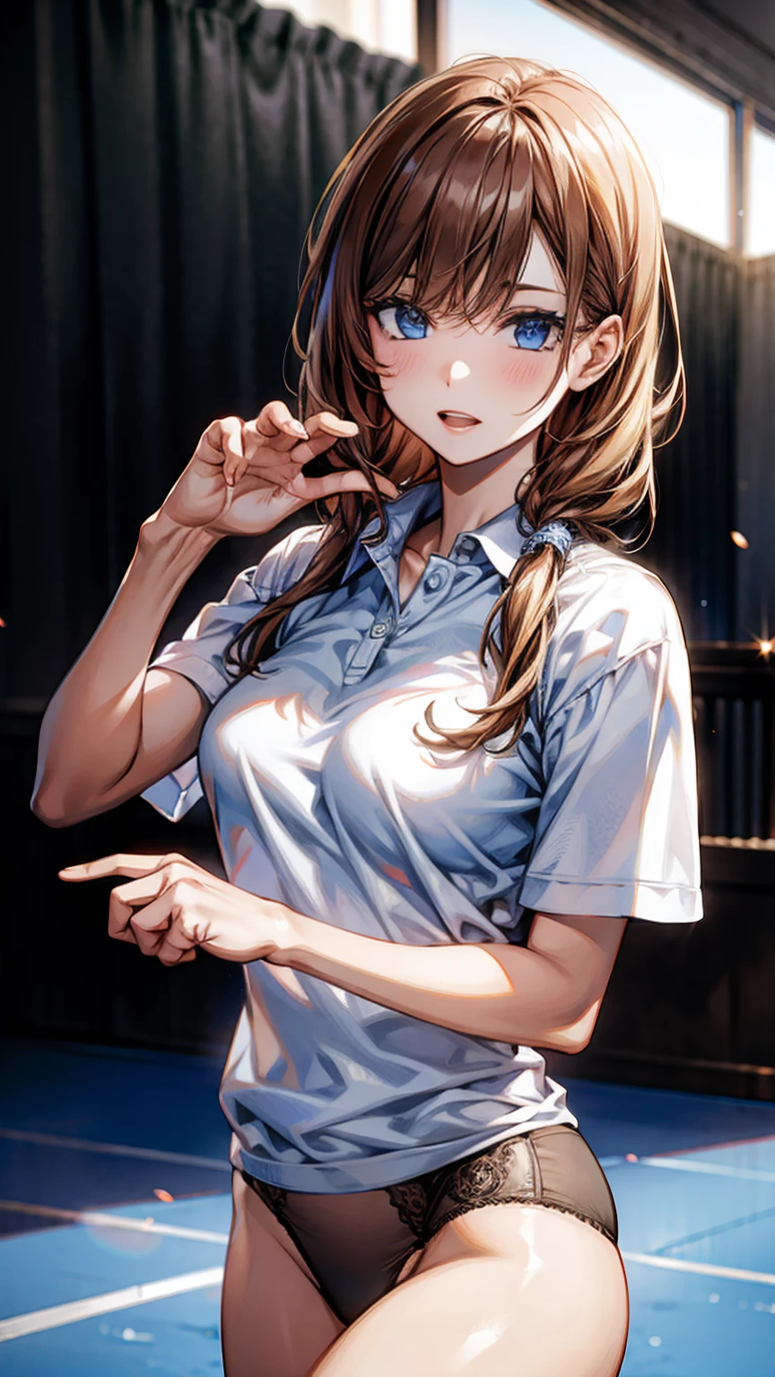 ((Biologically correct limb count))、(( whole body including face))、4K、Masterpiece、((Focus on the face))、((Symmetrical, well-proportioned facial features))、Eyes with delicate depictions、(((1 person)))、Beautiful woman、Outstanding style、Slender Body、(High heels with anklets、Shiny Stockings)、(((shirt、Checked skirt)))、(((White frame photo)))、((Looking up))、Shy、(((Scene during fitness)))、(((Close-up photo of the upper body)))、High angle、Early morning palace、