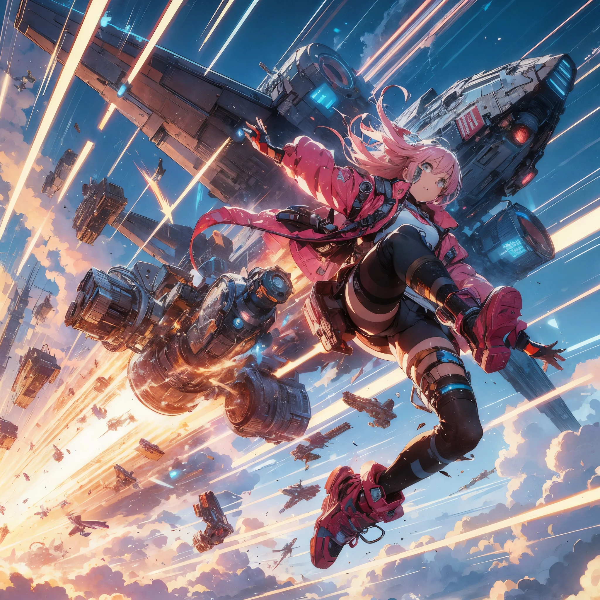 Sci-Fi style anime illustration, atmosphere, rough and intense illustration of Apocalypse Pink-chan, a 20-year-old character, jumping high in the sky on a mecha skateboard. The background depicts a mecha air-surfing high in the sky and a dynamic jump to the sky with elements of breakdancing. The images are dynamic and dynamic angles from below, using thick, exaggerated lines and brush strokes to highlight the accelerated speed and accelerated shockwaves, gravitational pulls,