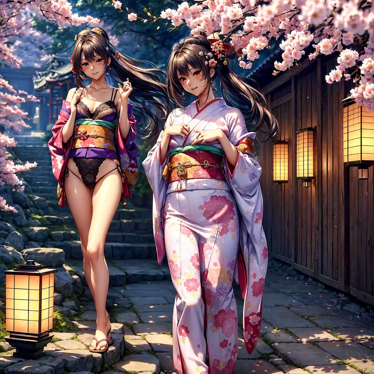 (((highest quality、masterpiece、very high resolution、High-definition images)))、Beauty Painting、realistic portrait、One strong-willed beautiful girl:18-year-old、beautiful body:Slender, beautiful breasts and beautiful legs、beautiful face:smile、eyes with strong will,beautiful hair:ponytail 、Yamato Nadeshiko、Kimono beauty、best skin and hair texture,realistic skin texture,realistic hair texture、(((japanese kimono:Colorful Japanese patterns:Lace bra and panties, revealing shoulders and chest)))、Beautiful waterfront:lantern:Lantern:Wooden Japanese house、beautiful cherry blossoms、stone steps、beautiful sky、Natural light、beautiful scenery、model pose:Show off your swimsuit、beautiful pose:Show off your kimono、model shoot、Gravure photography、(((The wind is blowing))),accurate image:1.5、accurate anatomy:1.5、Image without defects、perfect image、Overall image、(Best Shot、Raw photo、photorealistic stick)