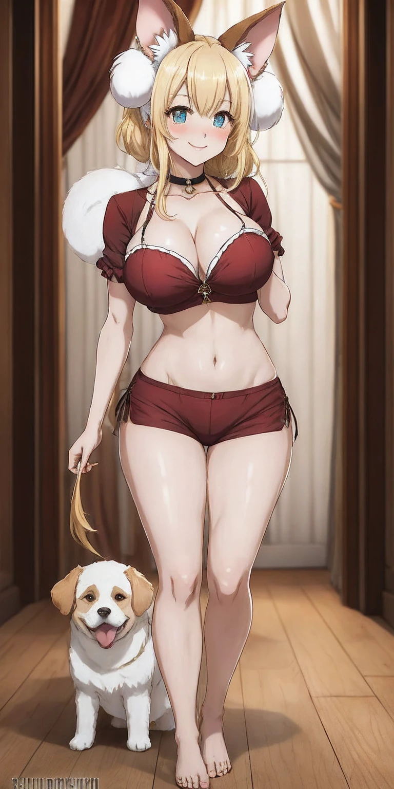 Roxanne Demin kin 1girl, solo, breasts, large breasts, Body position: Standing, straight, symmetrical, barefoot, Lustful smile on face with red blush, fluffy ears, dog ears, blonde hair