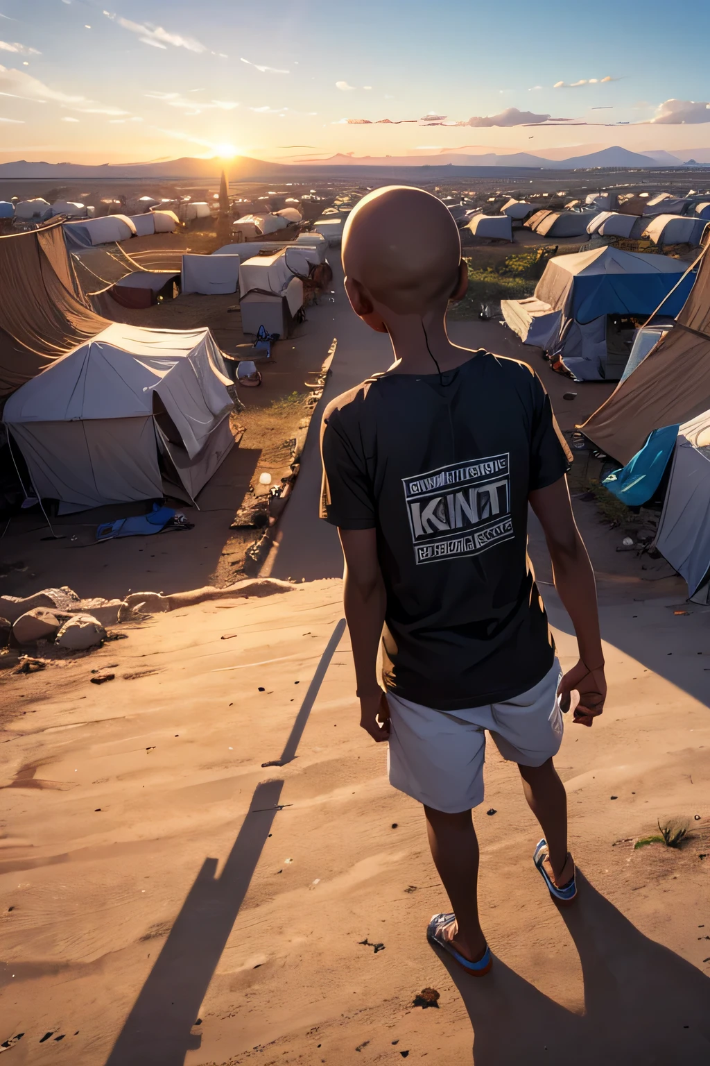 Kidum, A 21 year old youth, male, bald, with a contemplative expression, stands on a dusty ground overlooking the refugee camp from a vantage point overlooking The entire refugee camp. His eyes trace the horizon, where the sun's golden rays cast elongated shadows over the makeshift shelters. The air is thick of stories of resilience, loss, hope. In the distance, children play. Shot taken from behind capturing Kakuma camp. Wearing a torn T-shirt and worn out brown short,