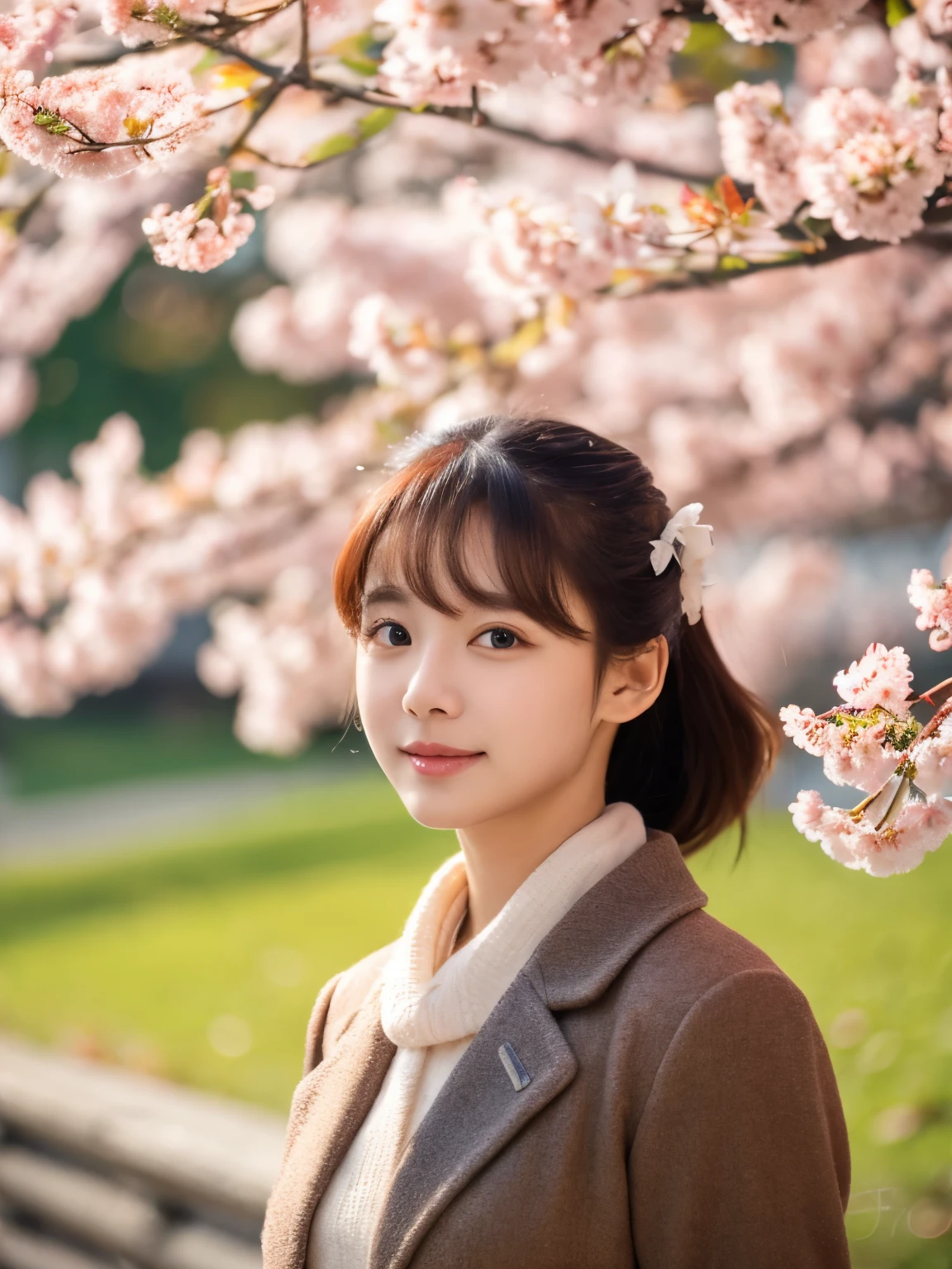 autumn background, cherry blossoms, Seoul, bright colors, realistic, Super detailed, 70mm lens.Cat