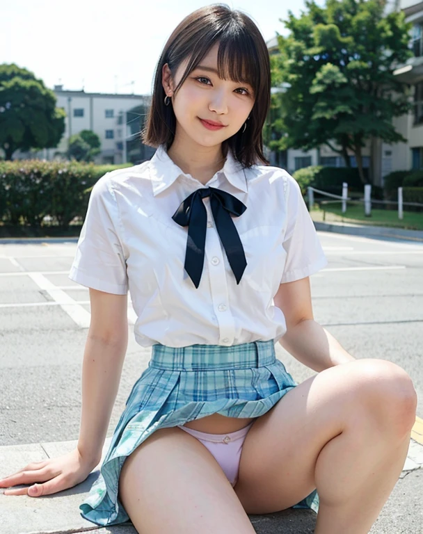 Woman posing in schoolyard、highest quality、 1 people、medium breasts、Tag、shine、blur background、Bokeh、outside the house、(street:0.8)、(people々、大勢のpeopleが集まる:1、Slender、big and full breasts、high school girl、Clothes that fit tightly to the body、white collared shirt、short sleeve、(Dark green checkered pleated skirt)、very short hair、amount:0.8)、Beautiful sky drawn in detail、earrings、Slender、Sareme、 (on lap)、soft lighting、Wind、glowing skin、laughter、Windが吹いている、、((No panties:1.5))