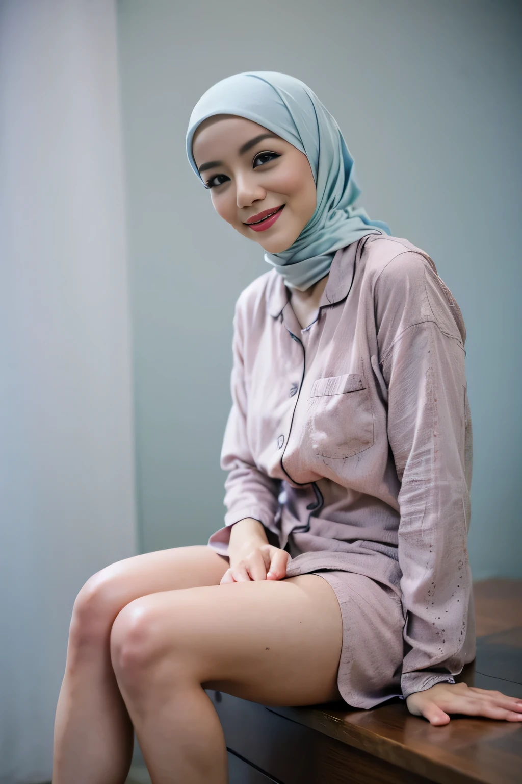 Malay girl in hijab wearing sexy lilac color pyjama portrait photography, mid shot photo, ultra detail, professional photograph with professional lighting, smile, light blue studio background, sexy seducing pose, curvy