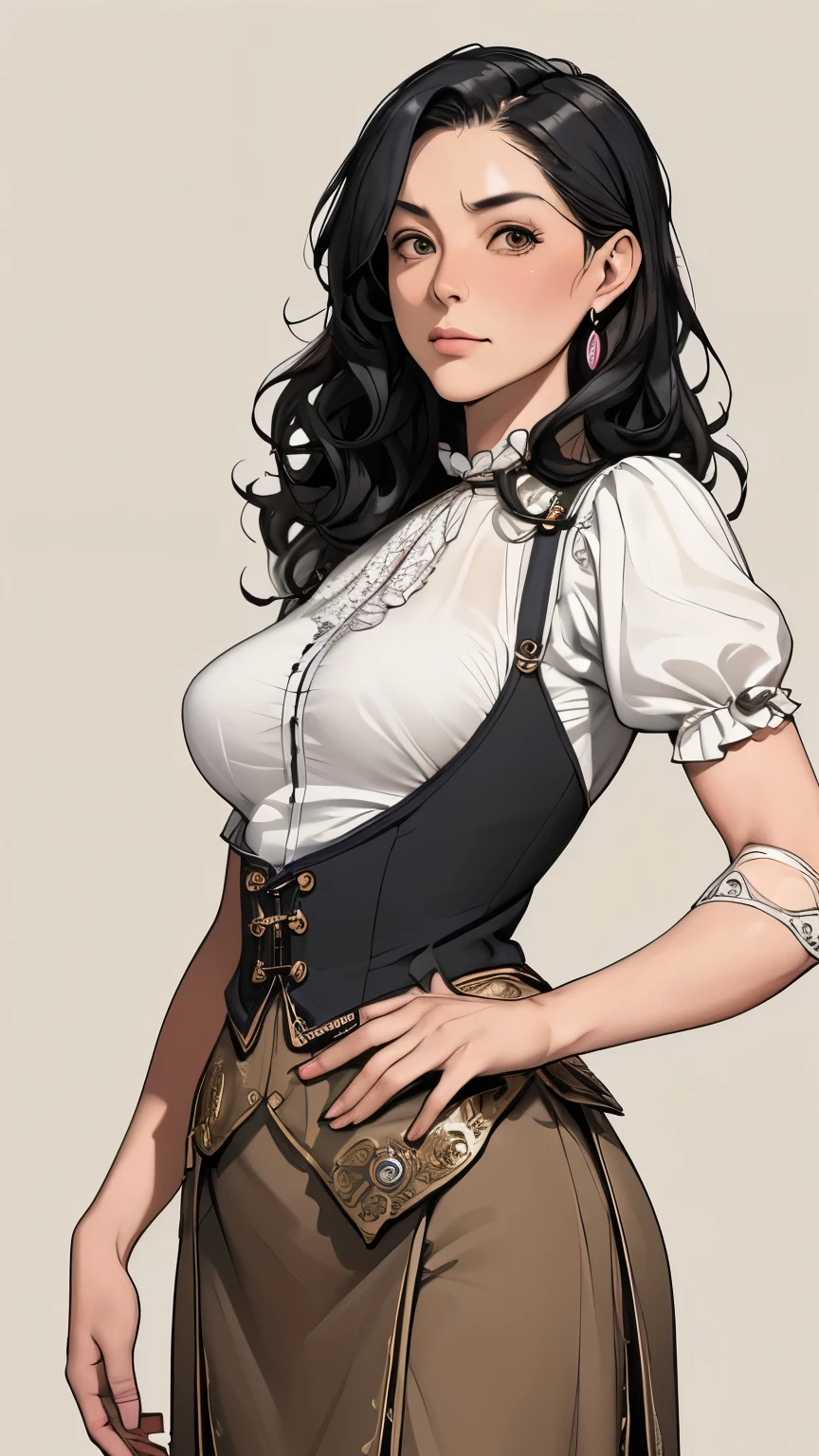 (masterpiece:1.3), (disorganized:1.3), (highest quality:1.3),(perfect anatomy:1.5),(detailed face), solo,1 middle age woman around 50 years old,(Steam Punk), (Victorian era),Hong kong,(Kowloon),horizontal angle,hands,((looking at viewer)), (Super detailed:1.3),(best shadow:0.7),saggy breast,(treated Black hair),curly hair,long hair,fine eyes, beautiful eyes, 1 mature woman, ((saggy small breast)),alone, standing, crystal earrings,closed_mouth, arm_behind_return,Dirndl,skirt,rest outdoors, intimidating pose,cowboy shot
