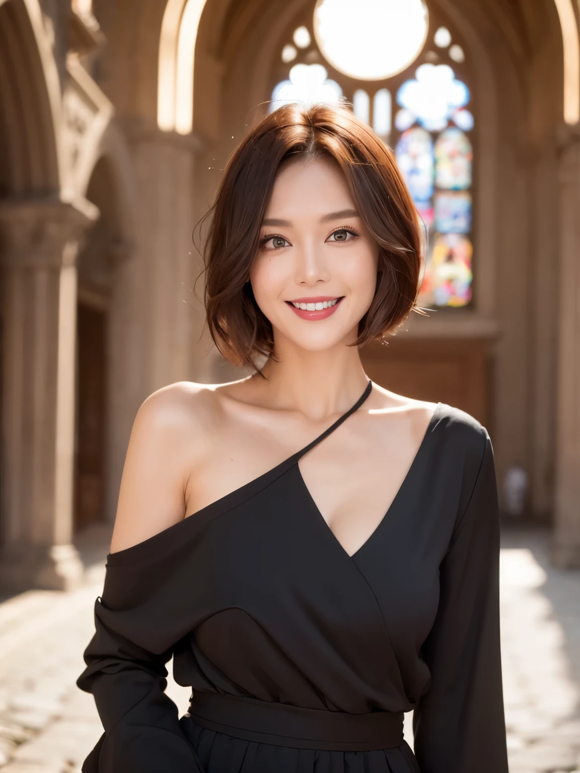 (38 years old), (Black Robes:1.5),(Black wool pants:1.2)、 double eyelid, eyelash, Red lip gloss, (smile:1), ((close your eyes:0.85)), (looking at the viewer、Are standing), (From above:0.2)、尖ったred mouth、(reddish brown wet shiny short hair),red mouth,clavicle、 (Photoreal:1.3),(Raw photo),(A woman standing in front of a large old church, Cobblestone square, Bright sunshine in the city, Italy) , 8K, Super detailed, highest quality, beautiful skin, anatomically correct, masterpiece , highest quality, cinematic lighting, Use perspective throughout , surrealism , ,(realistic:1. 3),(Raw photo) , black hair, light smile, short hair, bob cut, anaglyph, stereogram, (mature woman:1), (38 years old), ((close:0.5)), double eyelids, lip gloss, (smile:1), ((close your eyes:0.85)), red mouth, clavicle, ((looking at the viewer)), (short hair of reddish-brown color wet and shiny,), (I can see the whole body) , Standard body shape , wide eyed , Perfect round eyes , fine texture