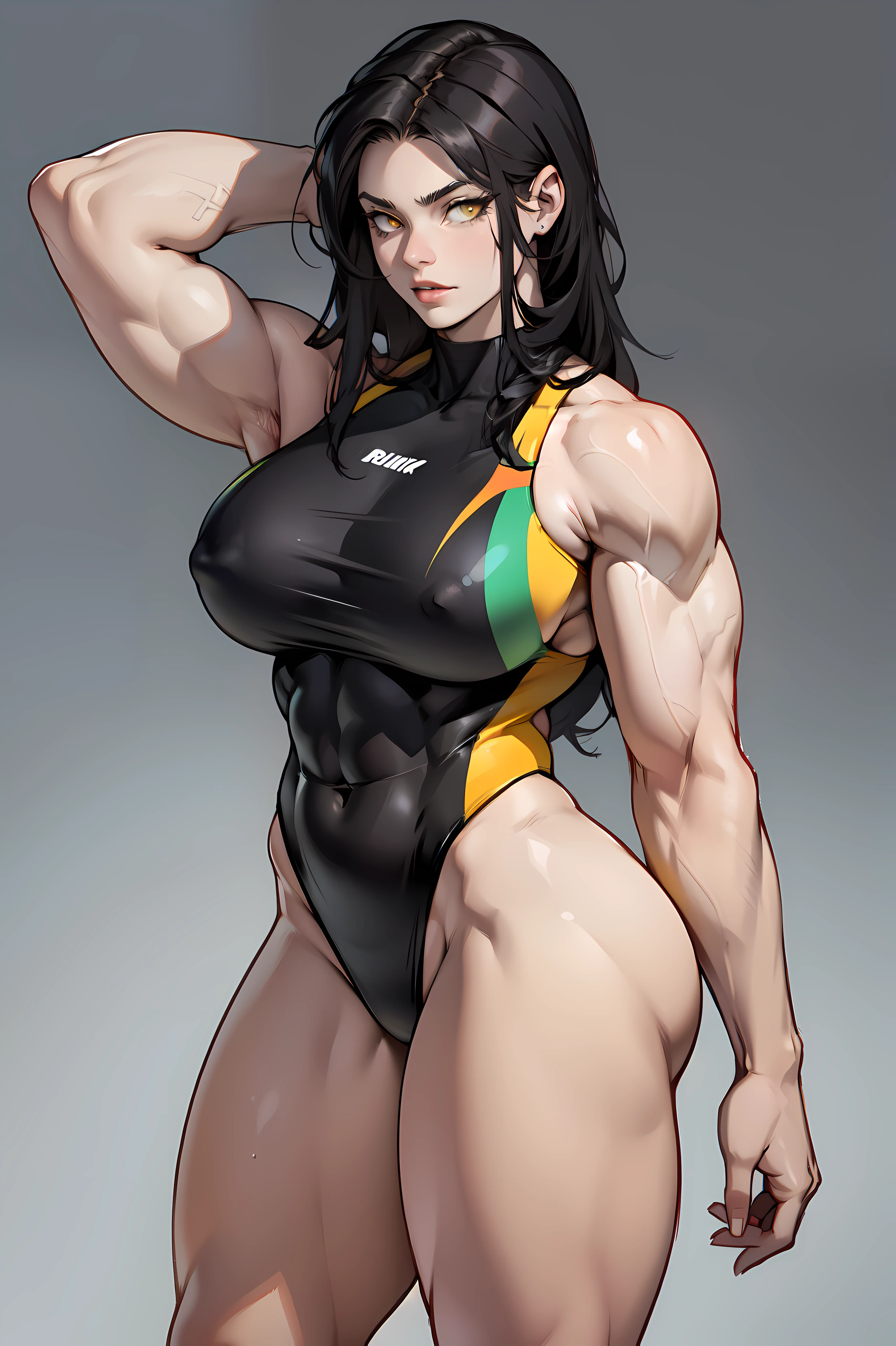 (1girl) pale skin (huge breasts muscular toned body thick thighs) black hair yellow eyes (swimsuit long hair grey background) bodybuilder