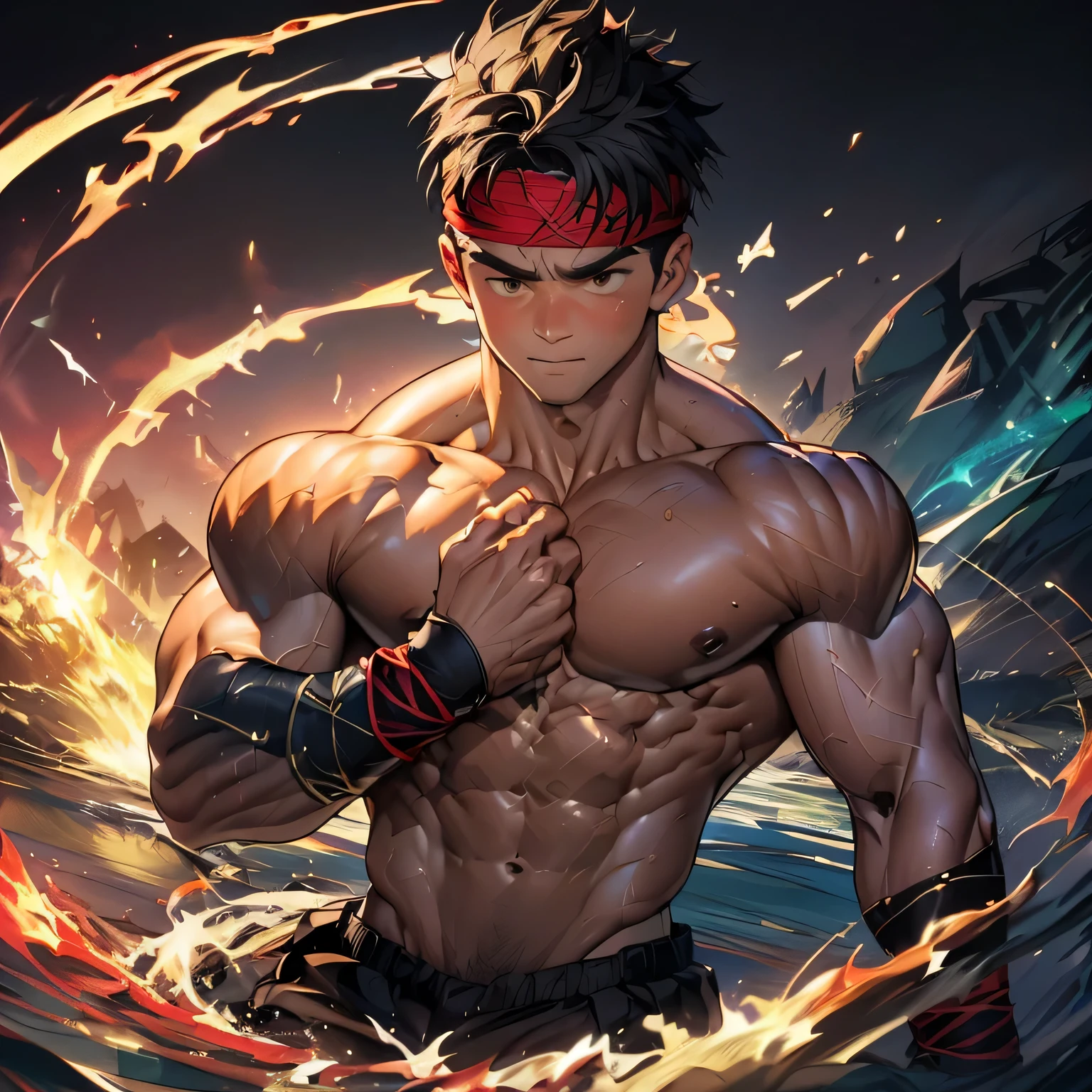 (Masterpiece, Best quality 19 year old boy, black background), solo, Young, boy, muscler, Shirtless, topless, (Dark Short straight hair, under cut, brown eyes), (red headband, ((black wristband))), Vivid colors, (hot Abs:1.2, abs!, big abs, big breast:1.2, chest!, muscler upper arms), (topless male), muscler!, muscler body, (aura power:1.4), detailed face, detailed muscle, (((A magical mystical aura, random pose, powerful, action, rippling muscles, fighting)))