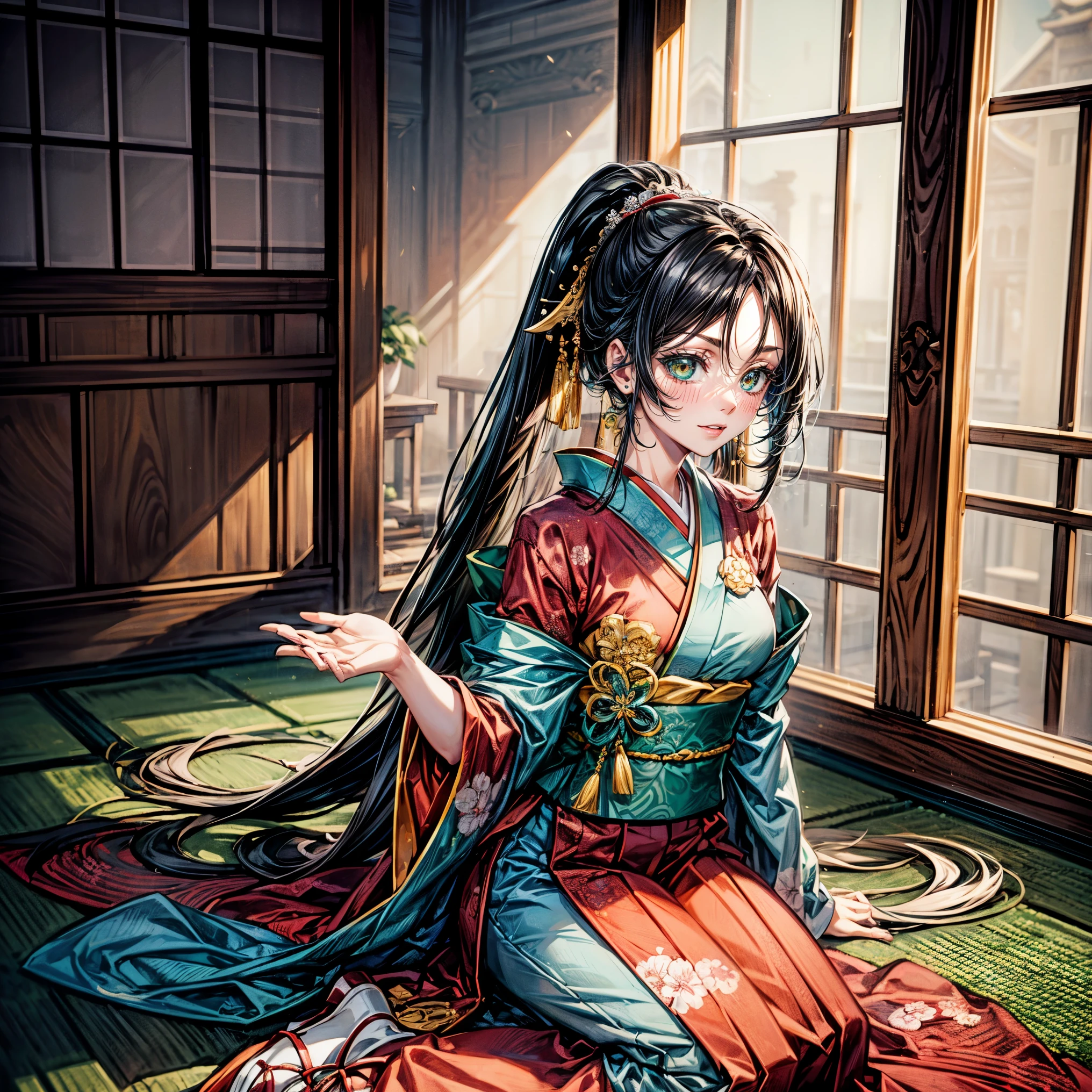 masterpiece,highest quality,Ultra high definition, Ono no Komachi, ancient Japanese court, graceful, elegant, kimono, deep jade green eyes, jet black hair, long flowing straight hair, golden hairpin, calm and pensive expression,Center parted haircut,hair parted in the middle,Deep jade green eyes, forehead,jade green eyes,smile, center parted ponytail