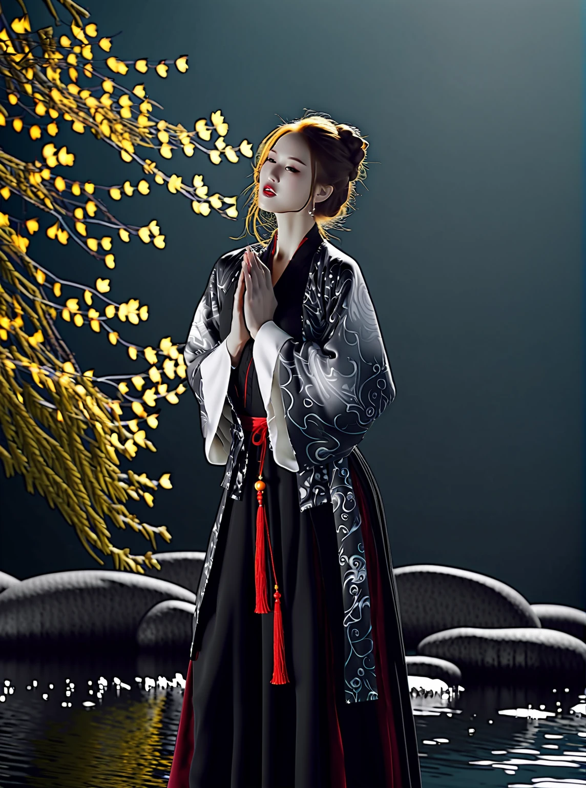 Whimsical and fun, Movie照片 水墨画 轻汉服,Portraits inspired by traditional Chinese art, Woman in Hanfu.  The tranquil scenery is reminiscent of the tranquility found in classical Chinese paintings from the Song and Ming dynasties.. The golden calligraphy font and red seal add a lot of color to the whole scene,  Everything is infused with a rich soft golden hue, white people, and crimson.Deliberately vague for the sake of fantasy, Empty emotions.,Next Generation Realism, The fusion of virtual and reality. . monochrome, loose, body fluid, expressive, Beautifully,rich and colorful . 35mm photo, Movie, Bokeh, professional, 4K, Very detailed, full of imagination, fantastic, bright colors, Programmatic, happy, Whimsical and fun