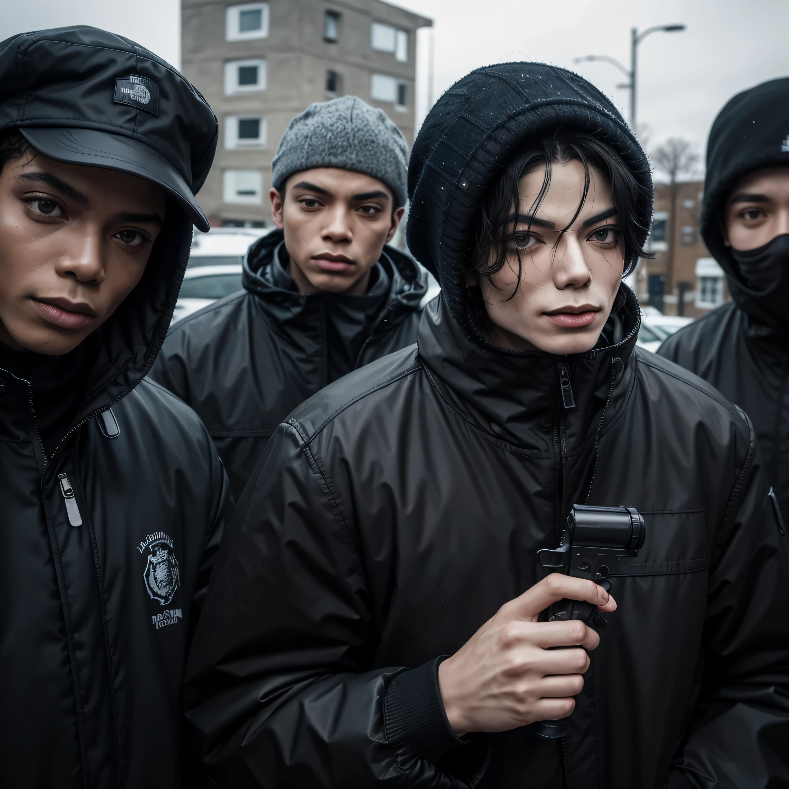 do michael jackson at about 25 years old, black cold weather clothes, the northface coat, living in the england housing projects, current photo, UK drill aesthetic, criminal, face slightly covered with a balaclava, several black friends behind him with the same style of clothing, with machine guns pointing to the sky