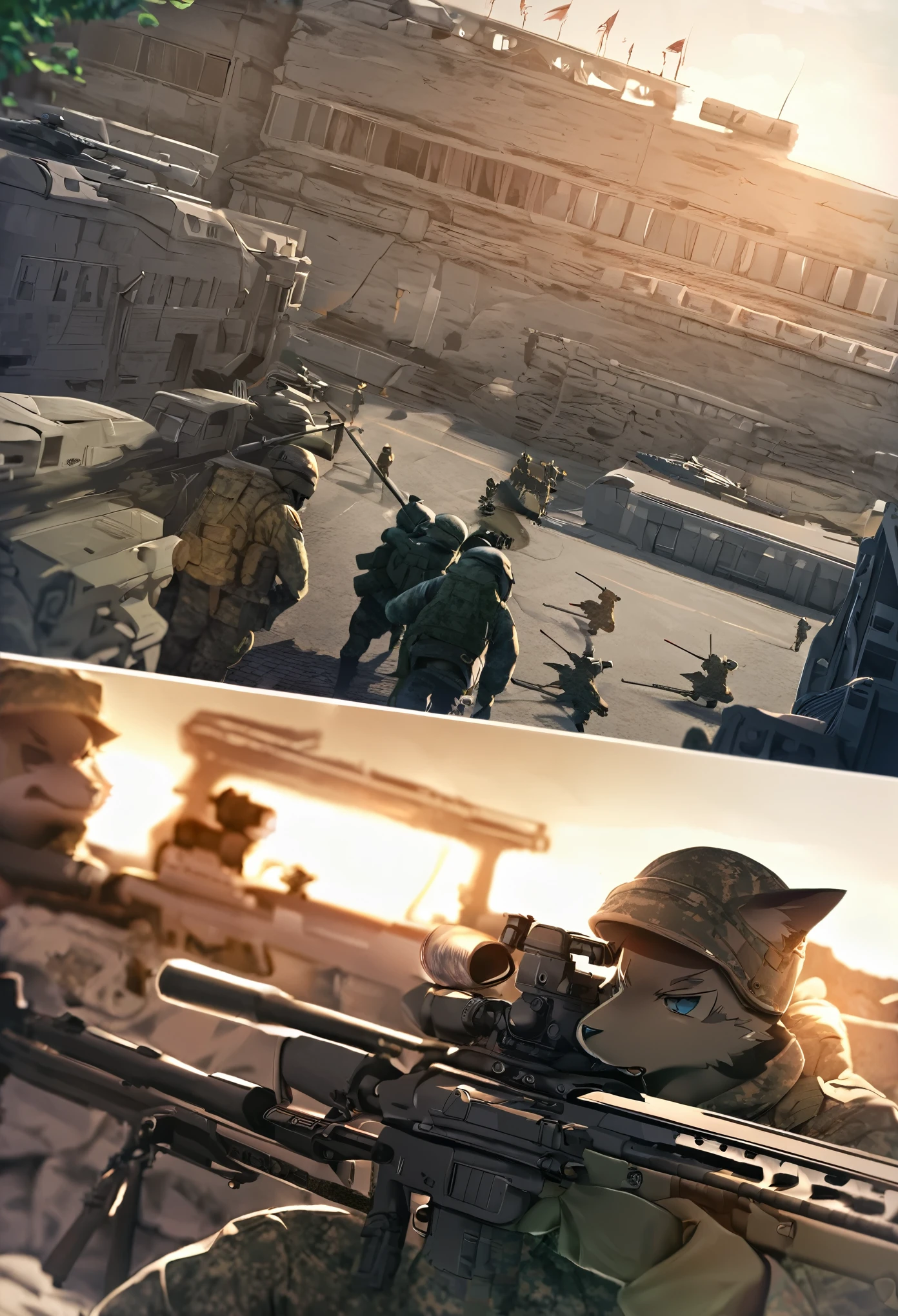 top quality, best quality, High-quality illustrations, masterpiece, super high resolution, detailed background, Military Headquarters, Maritime Self-Defense Force, rifle, sniper, battlefield, absurdres, perfect anatomy, expression, good lighting, cinematic shadow(kemono, furry anthro)assorted poses, dynamic angle,