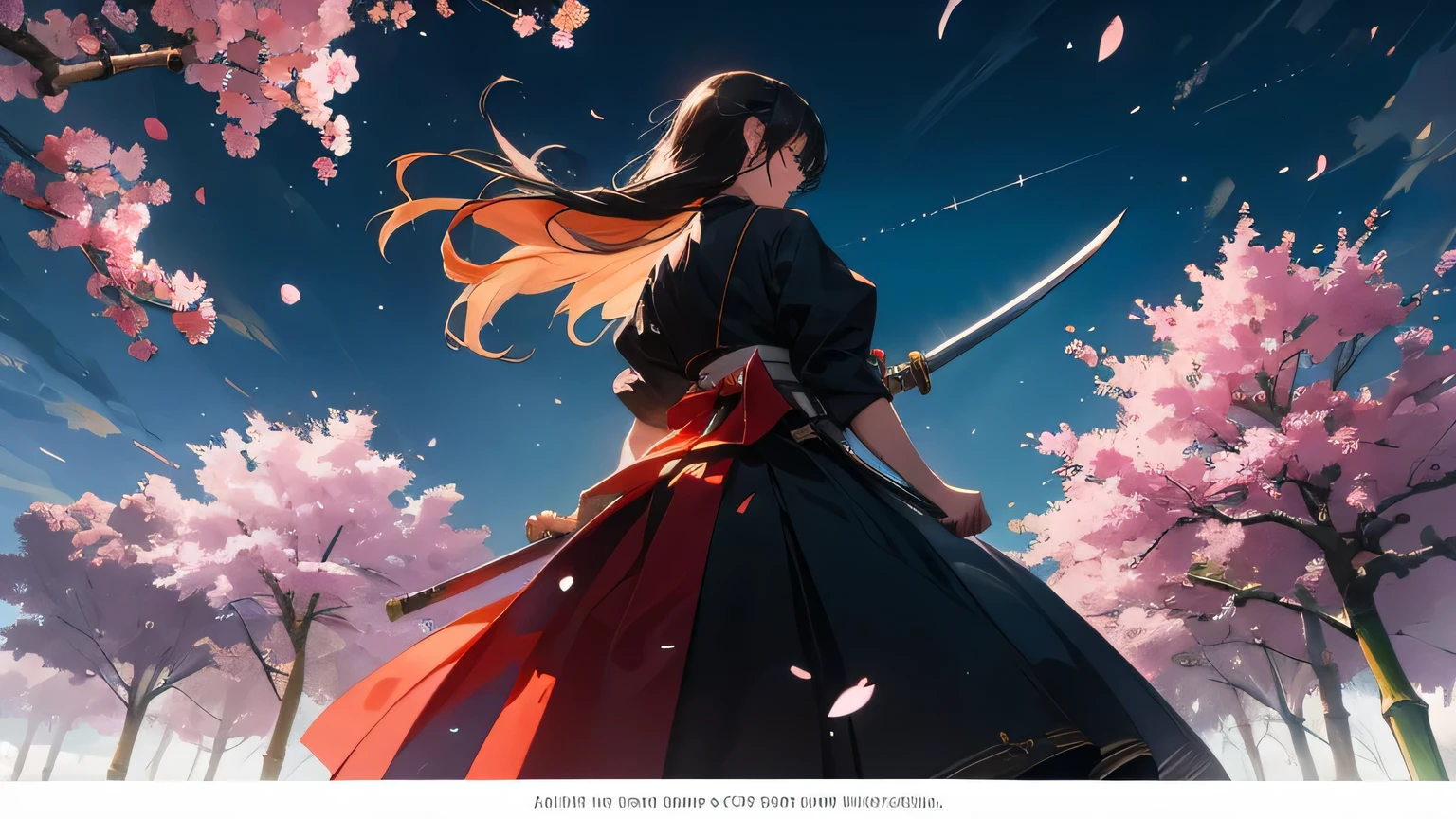 A once-in-a-millennium masterpiece, A photo that can never be taken again, Inexplicable high resolution, beautiful girl, profile, bamboo sword, Kendo uniform, whole body, from the back, movie poster, strong wind, Silhouette style, Falling cherry blossoms