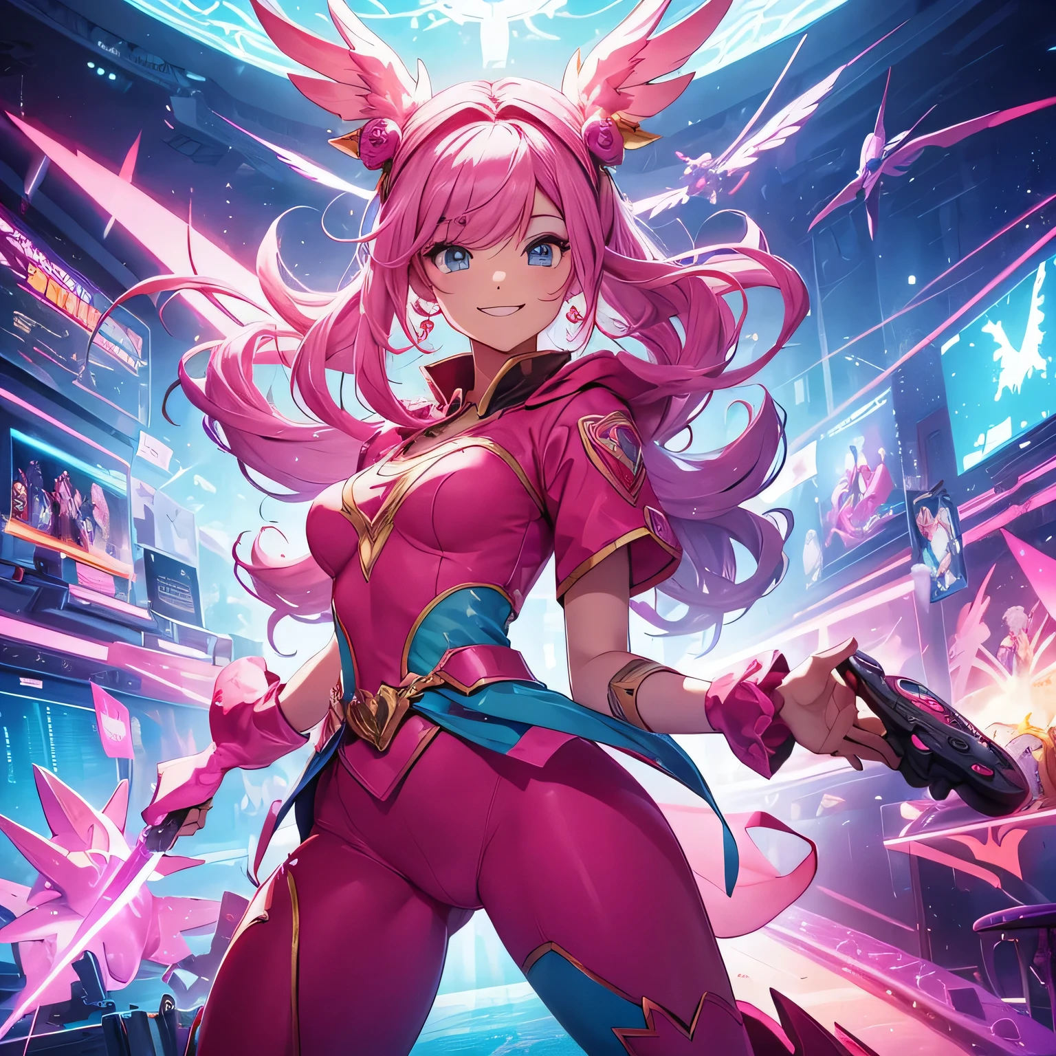 An image of a bright pink, fantastical world with magical creatures and heroes. In the center, there is a fictional, brightly pink-colored game controller, symbolizing the theme of gaming. The artist is depicted holding the controller, looking into the world with a smile and confidence. добавь текст Game of Hearts: Love and adventure