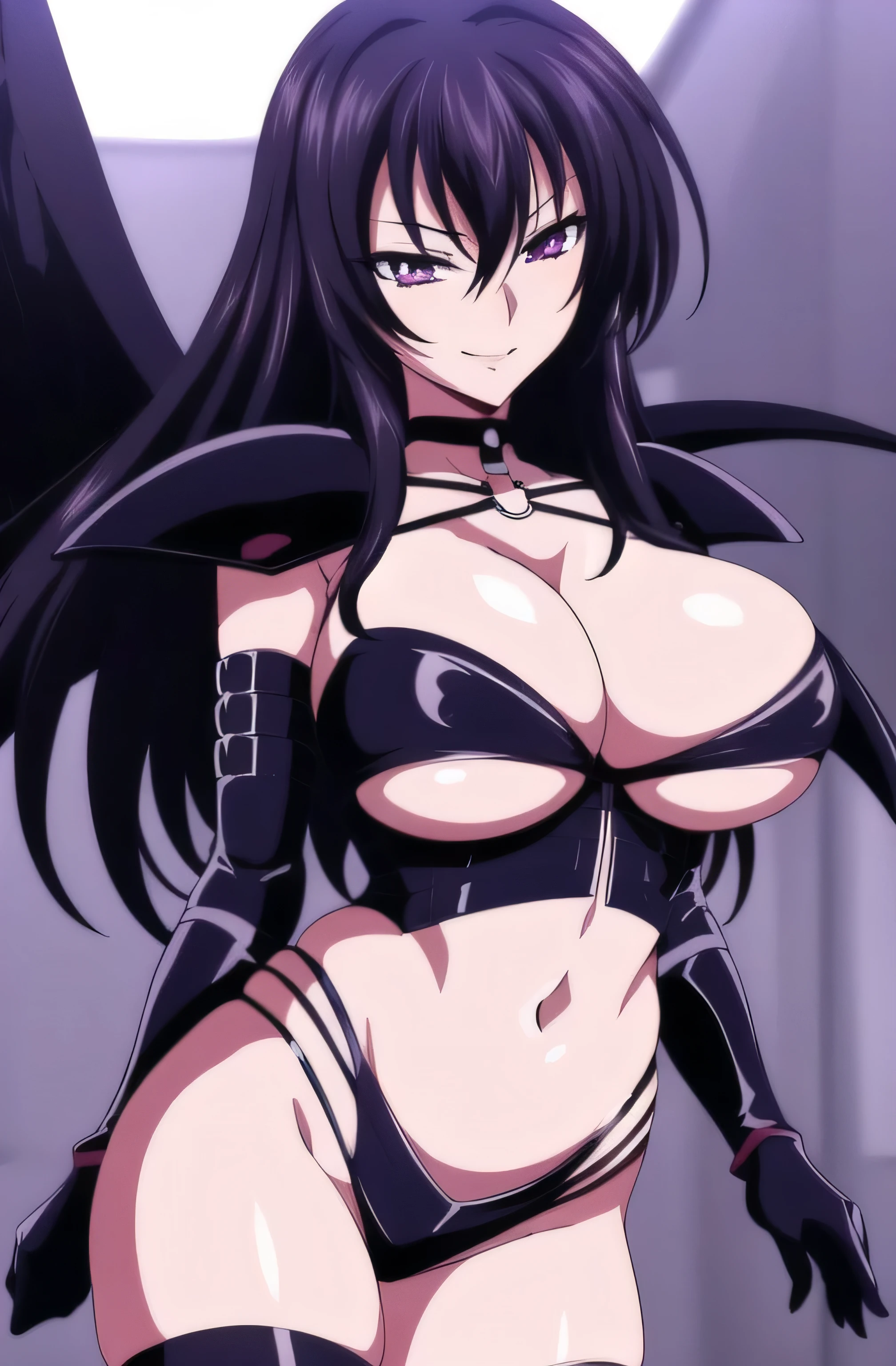 , , collarbone,choker,black outfit,belly button, Torn_Clothes, Torn_leg wear,Lock,collar, shoulder armor, High leg,boots,Thighhighs, purple_eye,,black_hair,very_length_hair,elbow_gloves, 1 girl, 20 years,mature woman,beautiful Finger,beautiful length legs,beautiful body,beautiful Nose,beautiful character design, perfect eye, perfect face, looking at the viewer, (innocent_big_eye:1.0),laugh at,Evil smile,smirk NSFW,official art,Highly detailed CG Unity 8K wallpaper, perfect lighting,colorful, bright_front_face_lit, (masterpiece:1.0),(Highest_quality:1.0), 超High resolution,4k,Super detailed, photo shoot, 8K, HDR, High resolution, disorganized:1.2, kodak portrait 400, film grain, blurred background, Bokeh:1.2, Lens flare, (lively_color:1.2) (beautiful,big_chest:1.4), (beautiful_face:1.5),(narrow_waist)