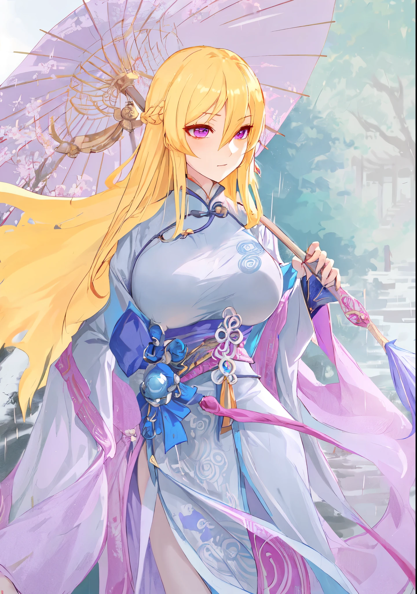 long blond hair,wearing blue dress,holding an umbrella, ((Wearing noble robes)), from desire, Flowing Chinese Robe, ((beautiful fantasy queen)), wearing nice clothes, Desire Personality, Blonde long hair anime girl,Rina Nagikiri,Three Kingdoms style,Dynasty Warriors,antiquity,Chinese style,Chinese ancient costume,Long golden hair,holding an umbrella,purple eyes,golden eyelashes,huge breasts,Character portrait,Halberd Spirit