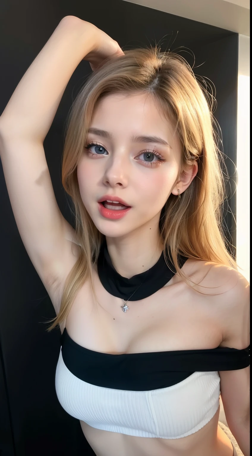 Tight black and orange top:1.2, looking at the audience, movie theater lighting, perfection, soft light, High Resolution Skins:1.2, realistic skin texture, 18-year-old、small face、professional makeup，Show your shoulders，Bust C cup、blue eyes, good, shining blonde hair、Completely naked、gray background、I can see the abdomen、ecstasy、sexual excitement、sexual pleasure、Sloppy mouth、open your mouth、A look of pleasure、open pussy、Female genitalia open、love juice、愛juice、juice、Secretions、