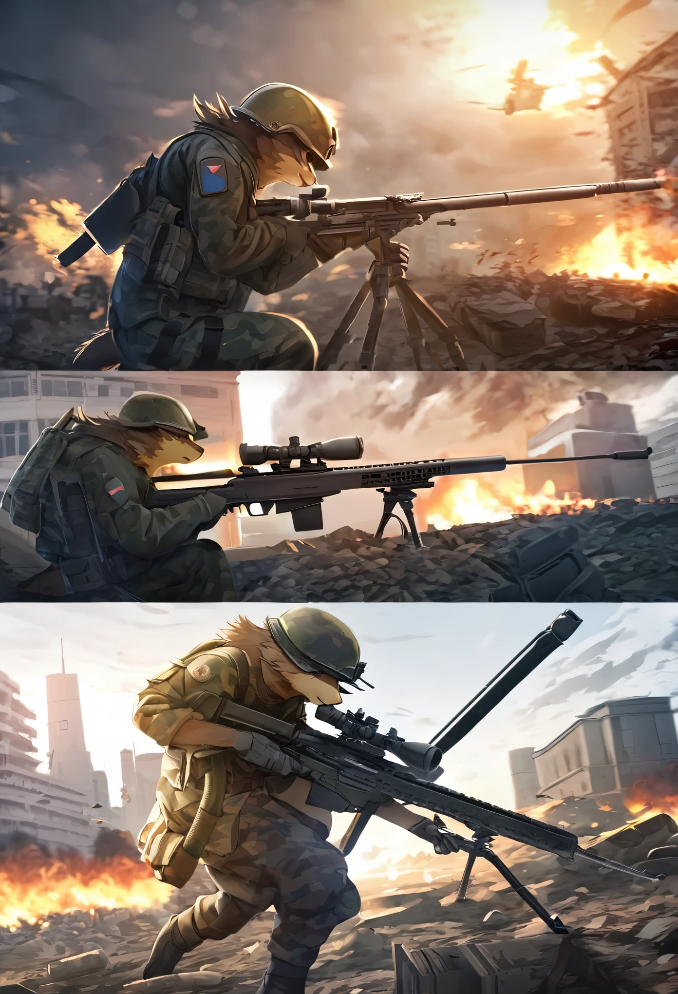 top quality, best quality, High-quality illustrations, masterpiece, super high resolution, detailed background, Military Headquarters, Maritime Self-Defense Force, rifle, sniper, battlefield, absurdres, perfect anatomy, expression, good lighting, cinematic shadow(kemono, furry anthro)assorted poses, dynamic angle,