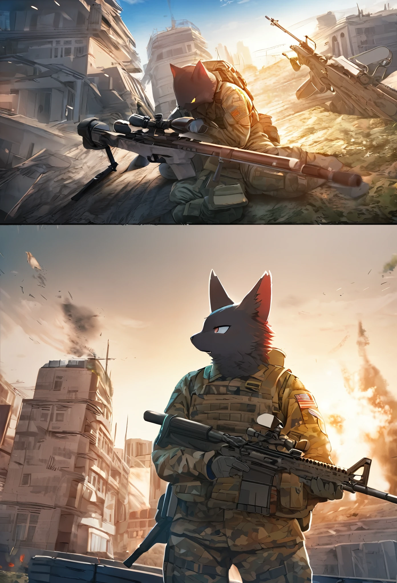 top quality, best quality, High-quality illustrations, masterpiece, super high resolution, detailed background, Military Headquarters, Maritime Self-Defense Force, rifle, sniper, battlefield, absurdres, perfect anatomy, expression, good lighting, cinematic shadow(kemono, furry anthro)assorted poses, dynamic angle,
