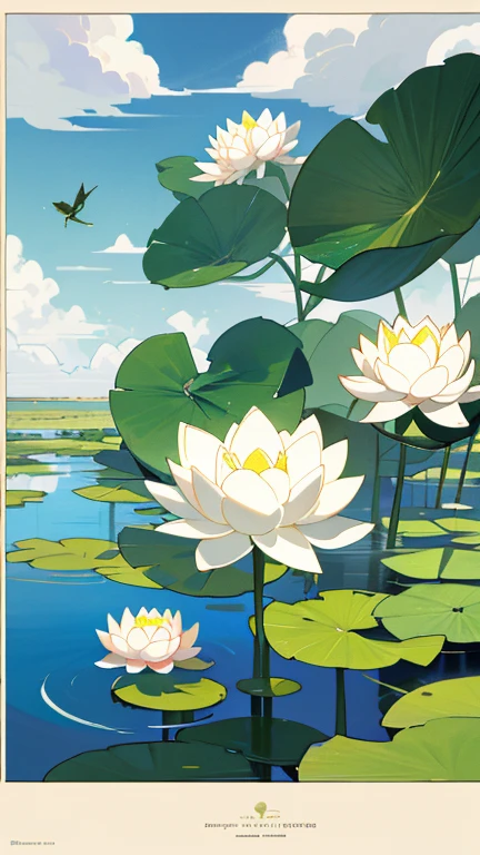 poster design，There is a pond nearby，The wind blows gently across the pond，There are lotus leaves in the pond，The lotus leaf will not be so high，The sky is blue，Beautiful big clouds，Dragonfly flying in the sky