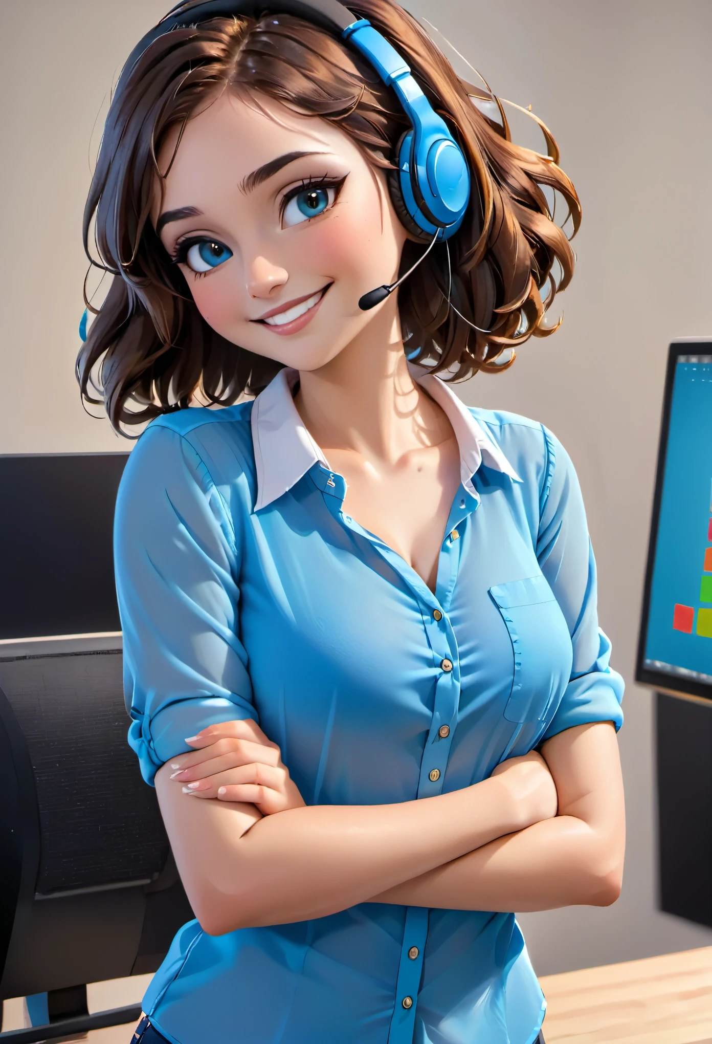 Make a beautiful woman wearing a headset and smiling and wearing a blue blouse with arms crossed