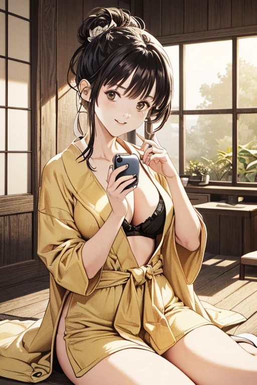 (8K、top-quality、​masterpiece:1.2)、(realisitic、ultra-detailliert、超A high resolution,cleavage,22years,beautifull detailed face,perfect body,((daytime)),Constriction、(Slim waist :1.3)、Beautiful detailed skin、Skin Texture、Floating hair、((daylight)),(Best Quality, 1 beautiful Japanese woman, Wrapped in a softly bathrobe, with her hair tied up and a radiant glow from a spa treatment, a woman (captures a selfie:1.0) in the hotel spa’s relaxation area. Behind her, the tranquil ambiance of the spa, with its soothing colors and elegant design, complements her relaxed and rejuvenated appearance. She smiles softly, her phone capturing the moment of indulgence in self-care at a lavish retreat