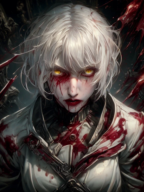 High quality, masterpiece, 8k, 1 girl, Jeanne from anime, white hair, yellow eyes, short hair, perfect body, beautiful face, blood everywhere, blood on the floor, blood, blood on her body, wet body, ((standing in the war)), in the broken palace, dark color