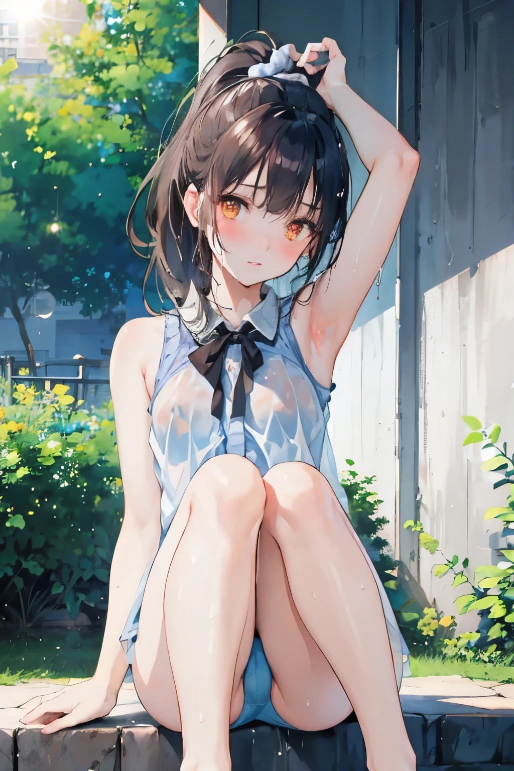 realistically, 1 girl, ponytail, brown eyes, glowing eyes, Blush, daytime, sun light, Wet, Seethrough, Sit with your knees raised., crotch, nipples, sleeveless shirt, pussy, armpit, Naked, legs apart