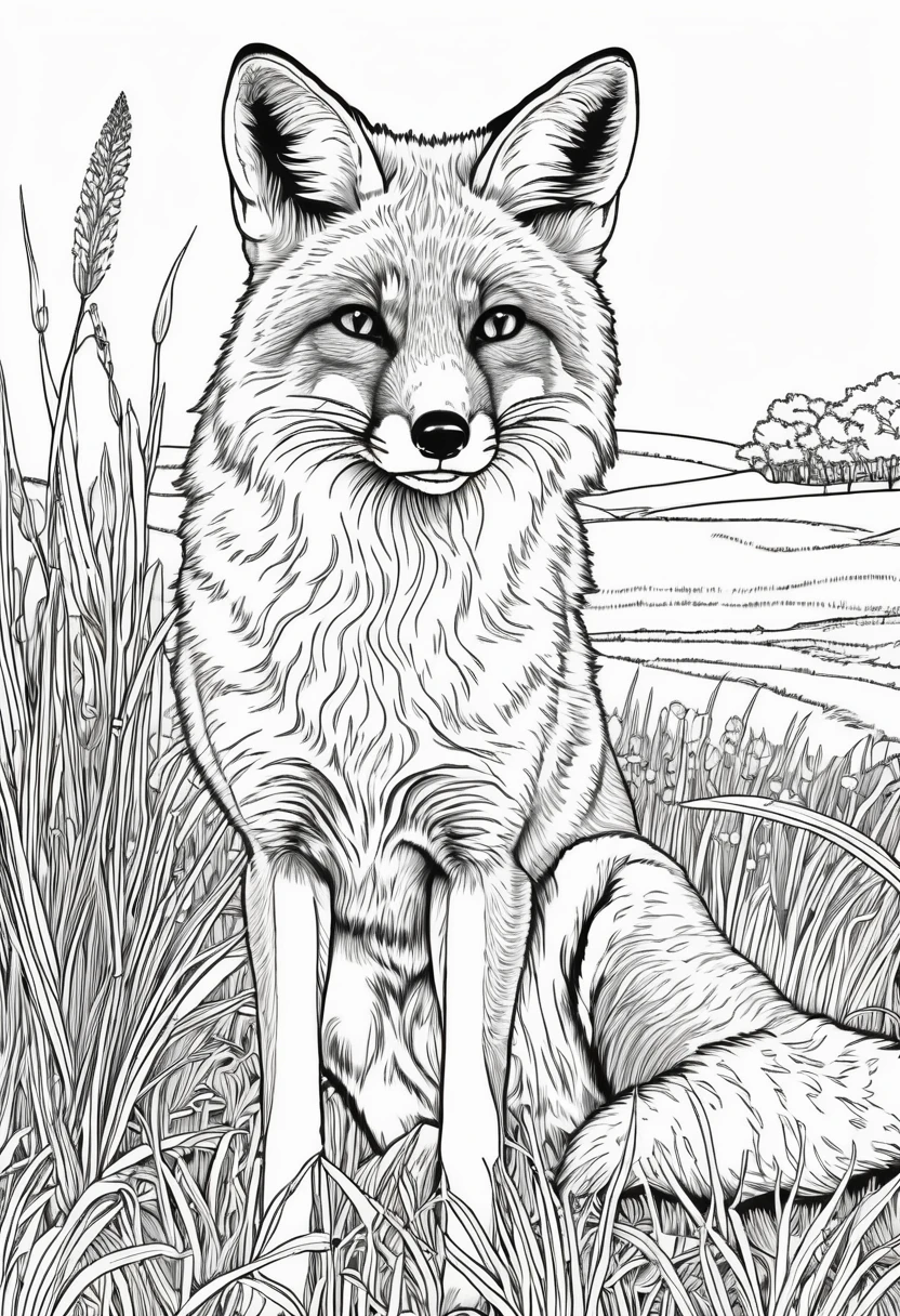 coloring book(line drawing) Fox 1Animals grassland walk