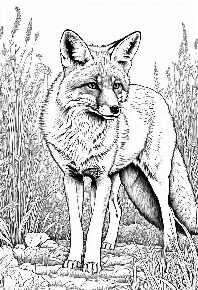 coloring book(line drawing) Fox 1Animals grassland walk