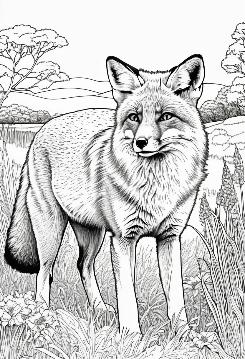 coloring book(line drawing) Fox 1Animals grassland walk