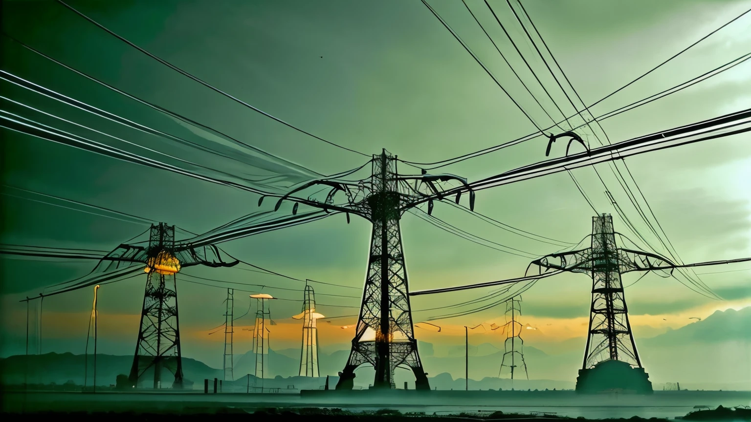 electrical transmission networks, luz do dia, paisagem bonita ao fundo com torres e antenas em contraste, imagem colorida, tons azuis