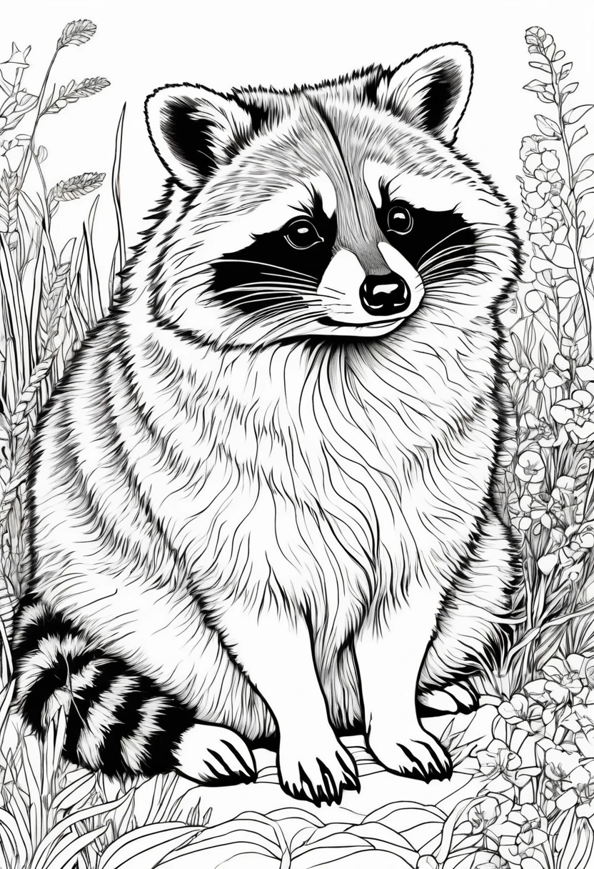 coloring book（line drawing）　raccoon dog　１Animals　grassland　sleep