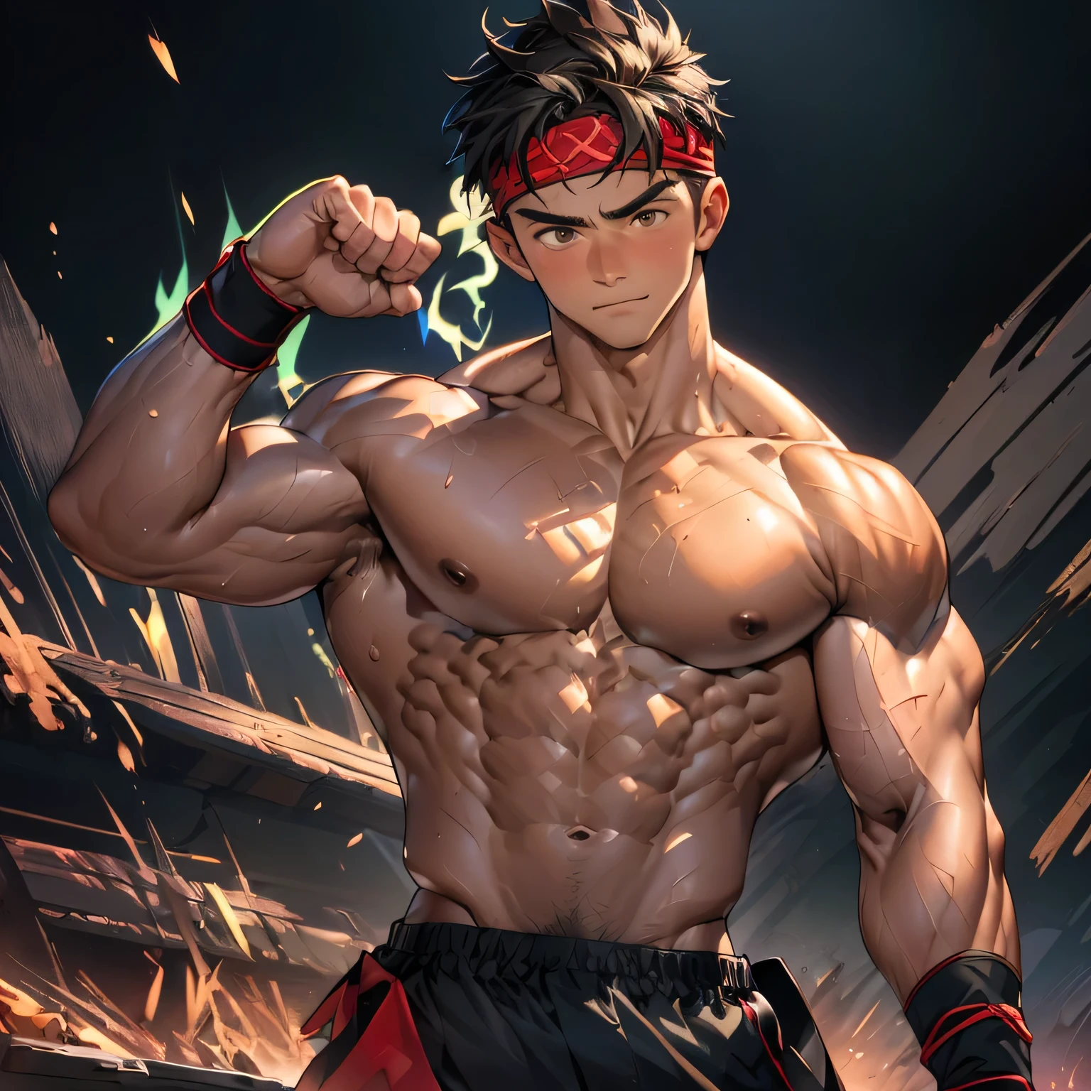 (Masterpiece, Best quality 19 year old boy, black background), solo, Young, boy, muscler, Shirtless, topless, (Dark Short straight hair, under cut, brown eyes), (red headband, ((black wristband))), Vivid colors, (hot Abs:1.2, abs!, big abs, big breast:1.2, chest!, muscler upper arms), (topless male), muscler!, muscler body, (aura power:1.4), detailed face, detailed muscle, serious, (((A magical mystical aura, random pose, powerful, action, rippling muscles, fighting)))