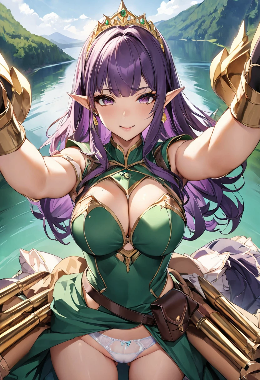NSFW, masterpiece、highest quality、ultra high resolution、maximum resolution、very detailed、professional lighting、anime、adult woman、thin、so beautiful、beautiful face、armored dress、Emerald armor、golden decoration、luxurious tiara、Golden earrings、Frilly Armor、Purple hair、Golden Eyes、Pouch on waist、female hunter、Quiver on waist、white underwear、lake、Overall view、prepare a bow、open leg pose、Faces aiming for prey、elf