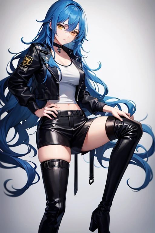 highest quality, High body, long legs, young, Serverpunk-inspired bodysuit, Jacket, knee high boots, blue hair, long hair, wavy hair, yellow eyes, choker