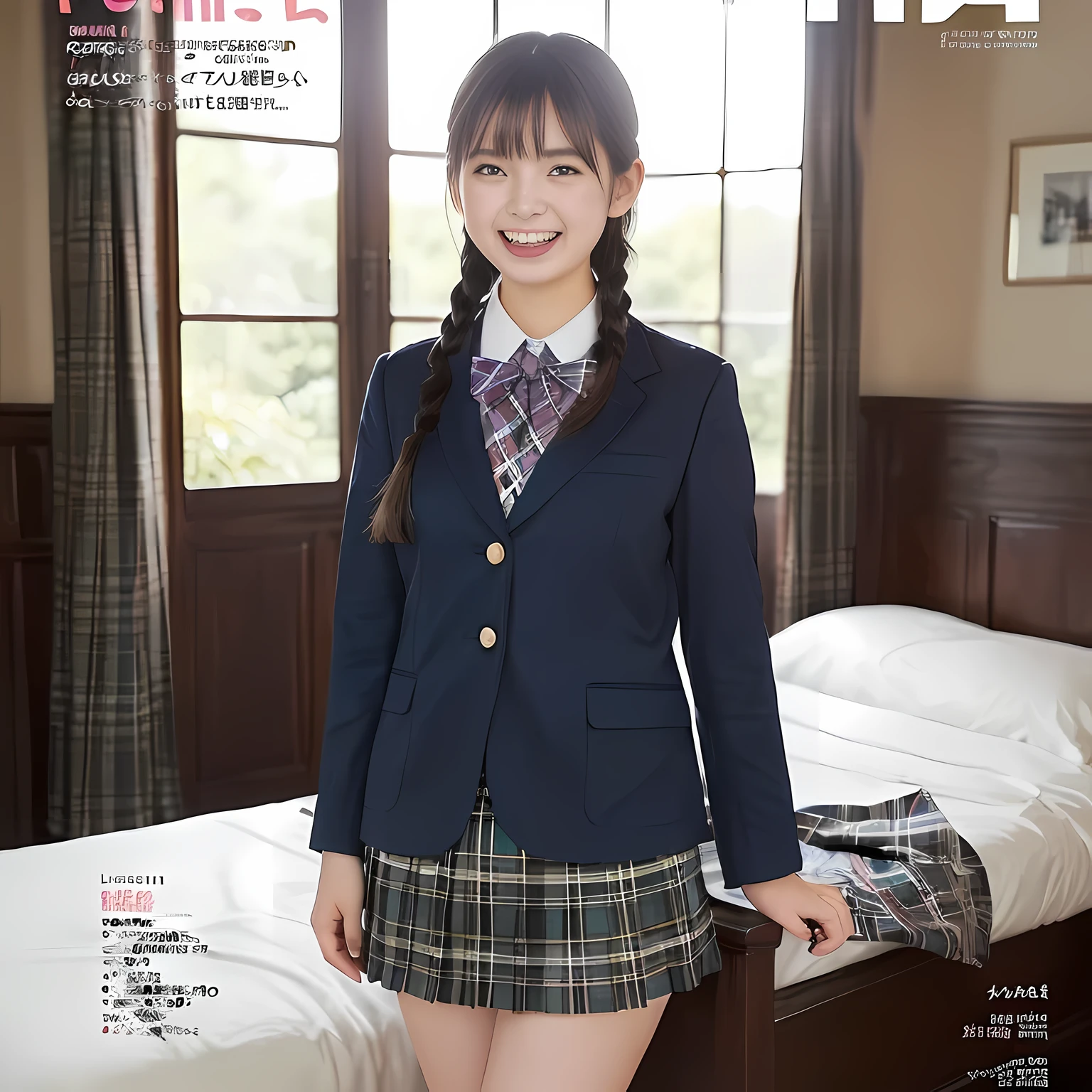 (highest quality、masterpiece:1.2)、highest quality、realistic、photograph、High resolution、1080p、8K、The face is especially pale., physical rendering、((only one Japanese girl)), (((((A 15-year-old Japanese girl, 155cm tall, is a super beautiful fashion model for a magazine for girls, appealing to readers how cute she is in uniform.))))), , (((big very detailed beautiful dark brown eyes))), ((blue girly large wine-red glossy polyester Japanese school ribbon bow tie)), (((black very beautiful and very very long braids hair))), ((((deep blue colored tartan checkered formal long pleated pleated skirt)))), ((A unpatterned formal dark blue blazer in solid that is slightly oversized and has an emblem on the left chest.)), (((((((laughing at me!))))))), mouth is open, The large blazer and skirt are very cute., detailed fingers, ((curled bangs)), so beautiful, ((Carefully and delicately beautifully drawn、Very big and very very very cute eyes of a Japanese girl)), double eyelids, thin eyebrows, ((drooping eyes)), (((very long eyelashes))), ((cute lovely lovely laughing laughing cheeks)), ((Pure white light hits her face from above and in the front, making her skin and eyes shine beautifully.)), ((Strong light hits the nose and cheeks、It brings out the richness of the expression.)), (((((She has a very expressive face, very pure and very sweet.))))), (((Girls are watching viewers))), (((((At a very gorgeous room))))), (((shot from the side)))