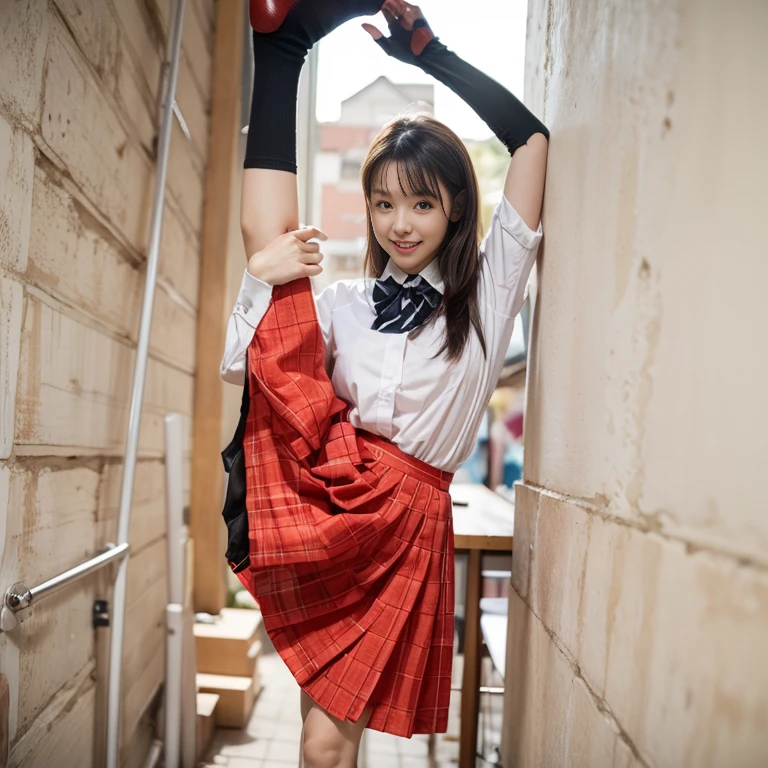 Arabian woman wearing a skirt and bow tie leaning against a wall, Photo of high school girl posing, wearing a skirt and high socks, wearing japanese school uniform, seifuku, kawaii dancer&#39;s playful pose, 学生服をwearing, japanese , wearing , cute , pretty face with arms and legs, dancer&#39;s playful pose