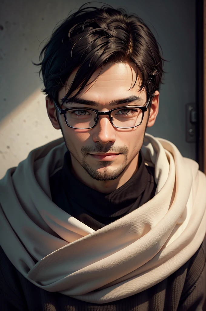 adult male, 35 years old, dark brown eyes, with glasses, thin, no muscles, black hair, with red sweater, stare in front of the camera, smile、realistic pictures