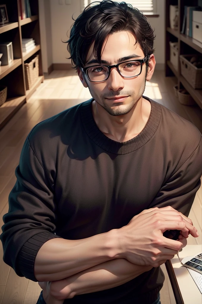 adult male, 35 years old, dark brown eyes, with glasses, thin, no muscles, black hair, with red sweater, stare in front of the camera, smile、realistic pictures