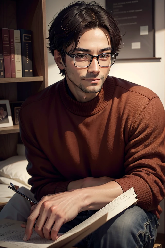 adult male, 35 years old, dark brown eyes, with glasses, thin, no muscles, black hair, with red sweater, stare in front of the camera, smile、realistic pictures