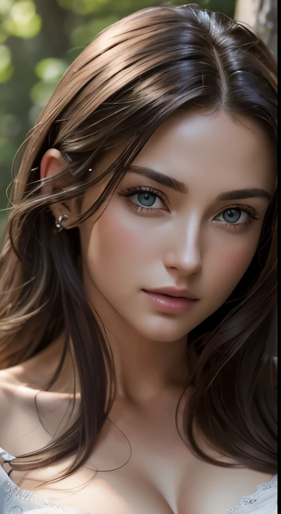 (Masterpiece, best quality, photorealistic, highres, photography, :1.3), very close-up shot, sharp focus, 1 brunette girl, European girl, hot model, midriff, highly detailed eyes and pupils, realistic skin, slim body shape, cleavage, extremely detailed hair, delicate sexy face, sensual gaze, shiny lips, ((wearing camisole)), outdoor, ((realistic, super realistic, realism, realistic detail))