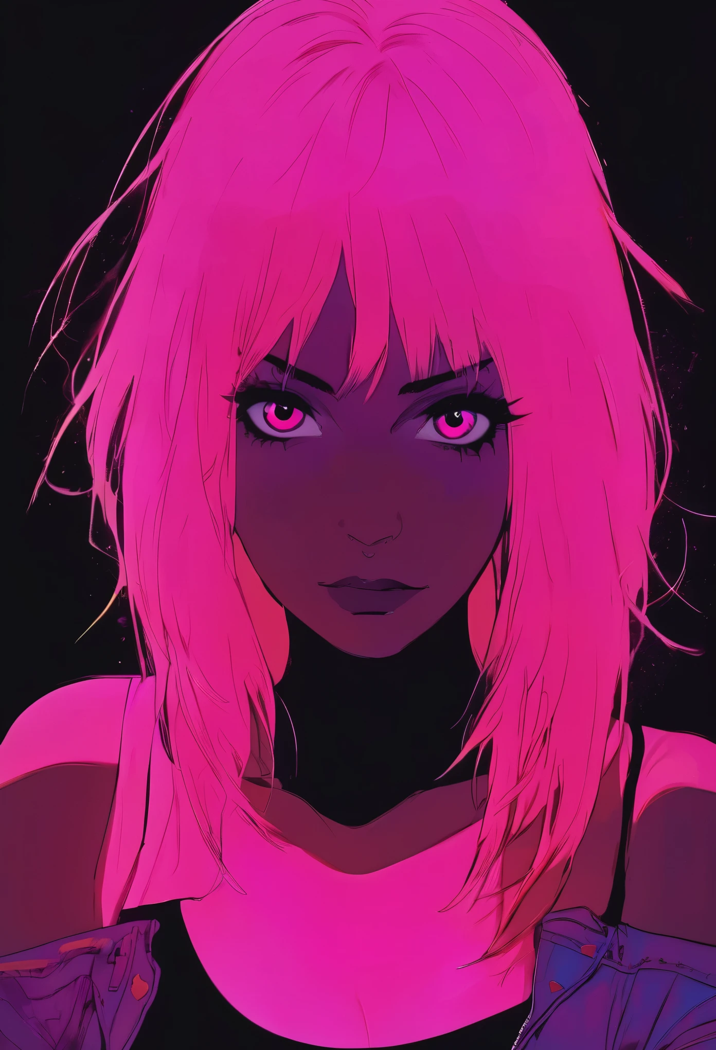 (Portrait of a mysterious giant eye)，indoor，Fluorescent illumination，(Darkness shrouded，Wall background，black background，silhouette，shadow，extreme darkness:2.0)，Minimalist graffiti style background，Fluorescent pink eye graffiti，Dark atmosphere，cowboy shot,1girl,Oversized black T-shirt，Medium Breast，Waistless T-shirt，underboob，blurred background，Blurred foreground，Pink fluorescent hair，Fluorescent pink eyes，Bare shoulder，Raise your hand and touch your head，Kneel on the ground，long hair，Messy hair，Low rise denim shorts，Over-the-knee boots，pink eye shadow，Eye of destruction，Poker face，