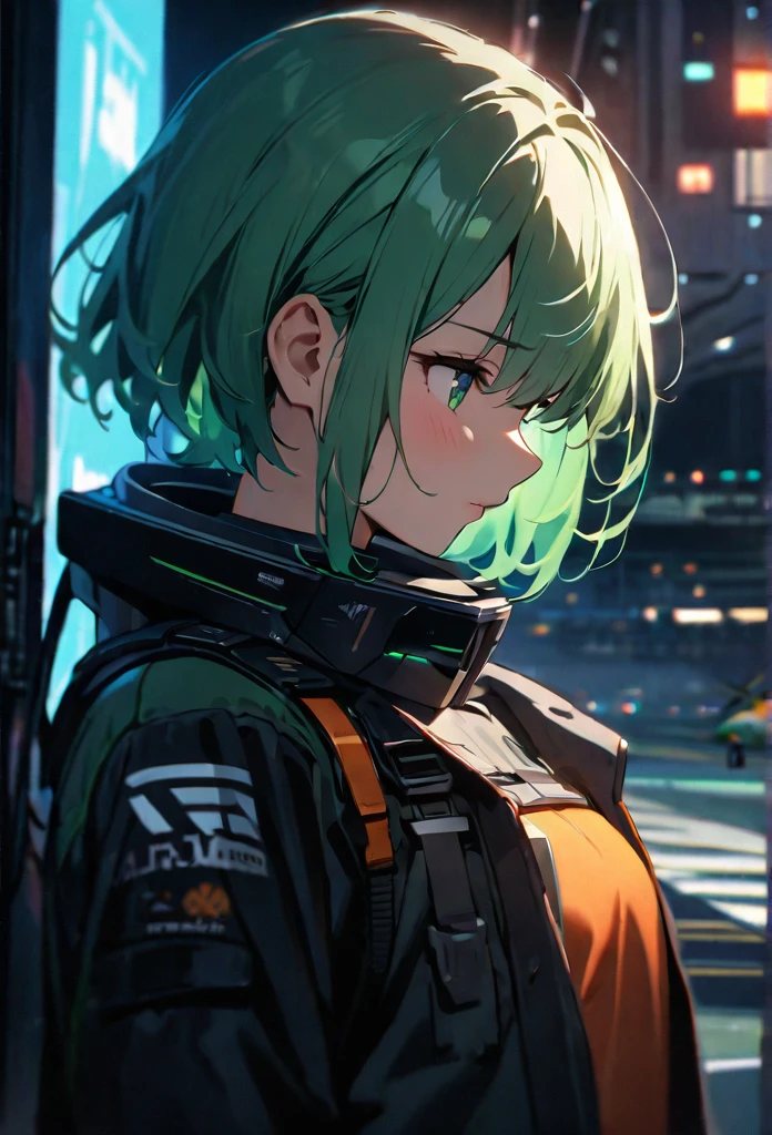 High quality, high definition images, full HD、8k.1 girl 、white short hair,((Futuristic fighter)) pilot,black and green hair pilot suit,Hold your helmet under your arm, Futuristic fighter plane, night airfield,side view,(to a fighter trying to get in)