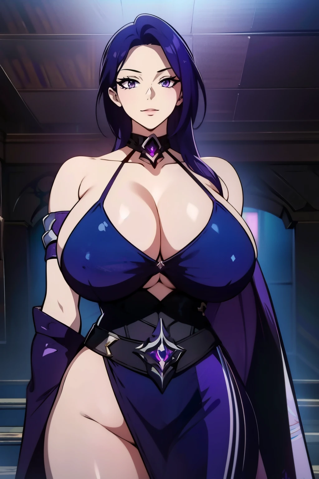 An anime-style artwork depicting acheron from the game Honkai star rail.
Tags: acheronhsr, anime, detailed eyes, detailed lips, arabian dancer outfit, smiling expression, intense gaze, glowing emblem on hand, dynamic pose, mystical background, vibrant colors, digital art, high-resolution, professional quality, gigantic breasts, curvy, cowboy shot, (gigantic breasts: 1.4), (purple eyes: 1.4), (blue hair: 1.6), short hair