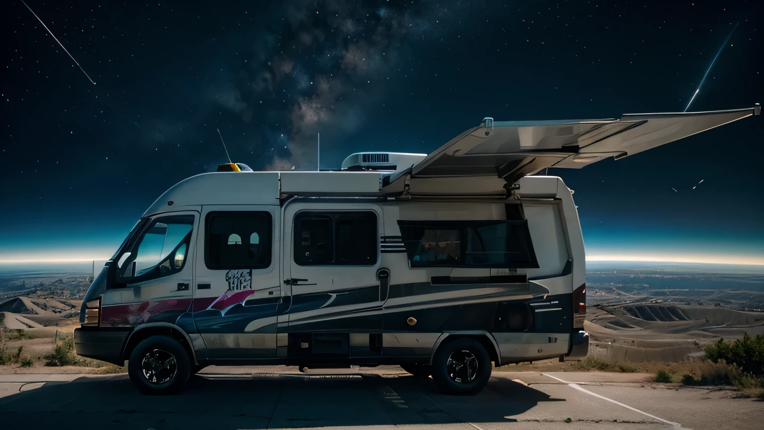 a sci-fi alien RV flying in space, beat up, damaged, graffiti, highly detailed