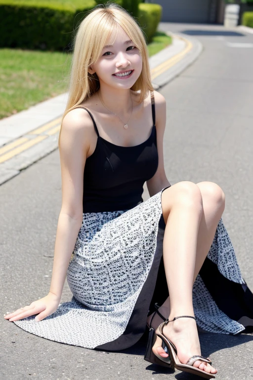 Raw photo、20 year old beautiful girl、 Japanese、blonde、 gal、Cheeky childish face、looking at the camera、Black bodycon dress、white heel sandals、Emphasizes large breasts、sunlight、whole body、4 patterns