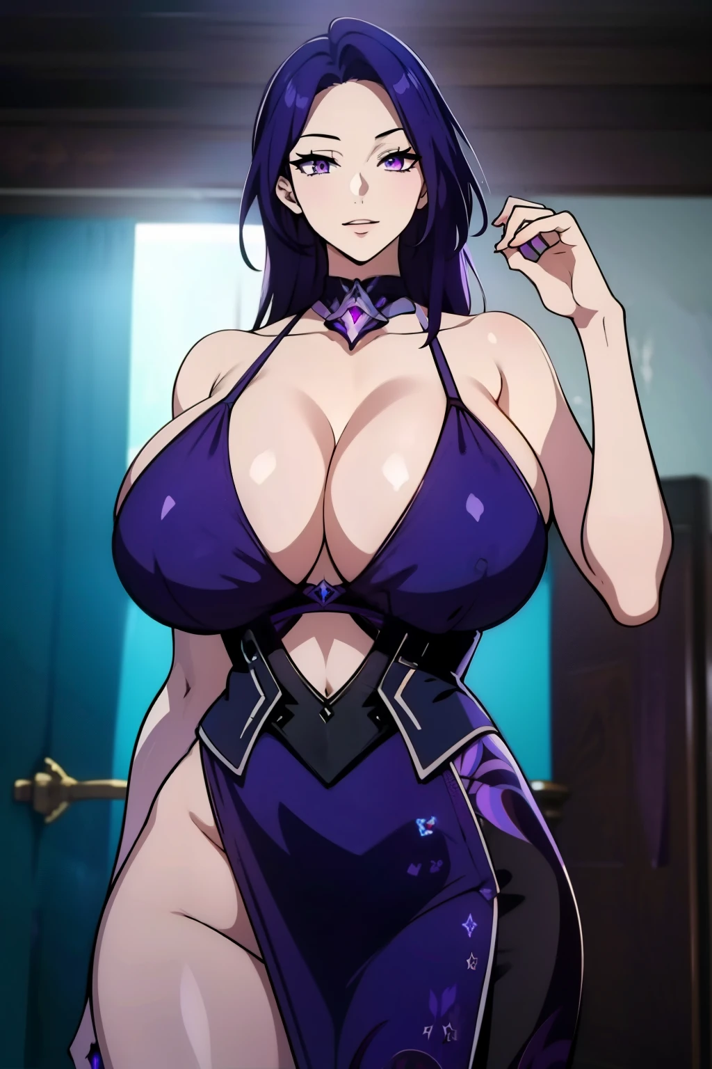 An anime-style artwork depicting acheron from the game Honkai star rail.
Tags: acheronhsr, anime, detailed eyes, detailed lips, arabian dancer outfit, smiling expression, intense gaze, glowing emblem on hand, dynamic pose, mystical background, vibrant colors, digital art, high-resolution, professional quality, gigantic breasts, curvy, cowboy shot, (gigantic breasts: 1.4), (purple eyes: 1.4), (blue hair: 1.6), short hair