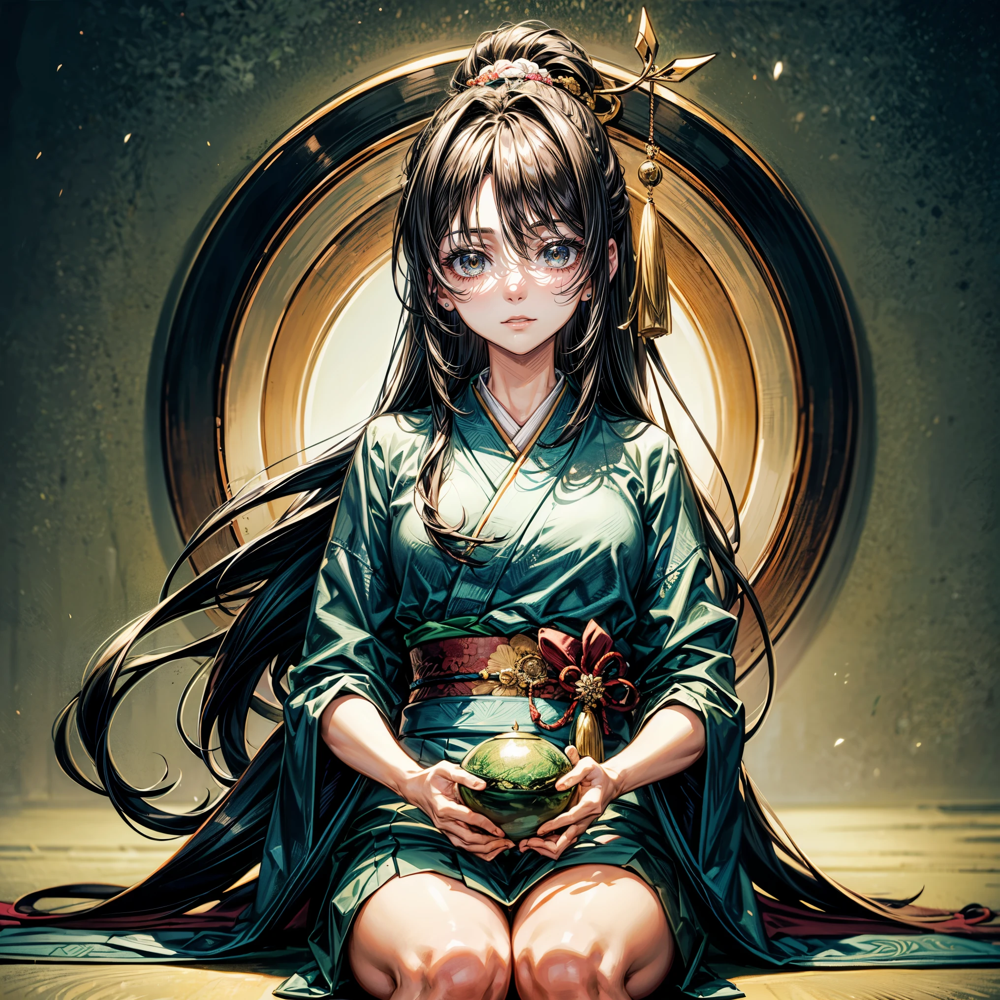 masterpiece,highest quality,Ultra high definition, Ono no Komachi, ancient Japanese court, graceful, elegant, kimono, deep jade green eyes, jet black hair, long flowing straight hair, golden hairpin, calm and pensive expression,Center parted haircut,hair parted in the middle,Deep jade green eyes, forehead,jade green eyes,smile, center parted ponytail