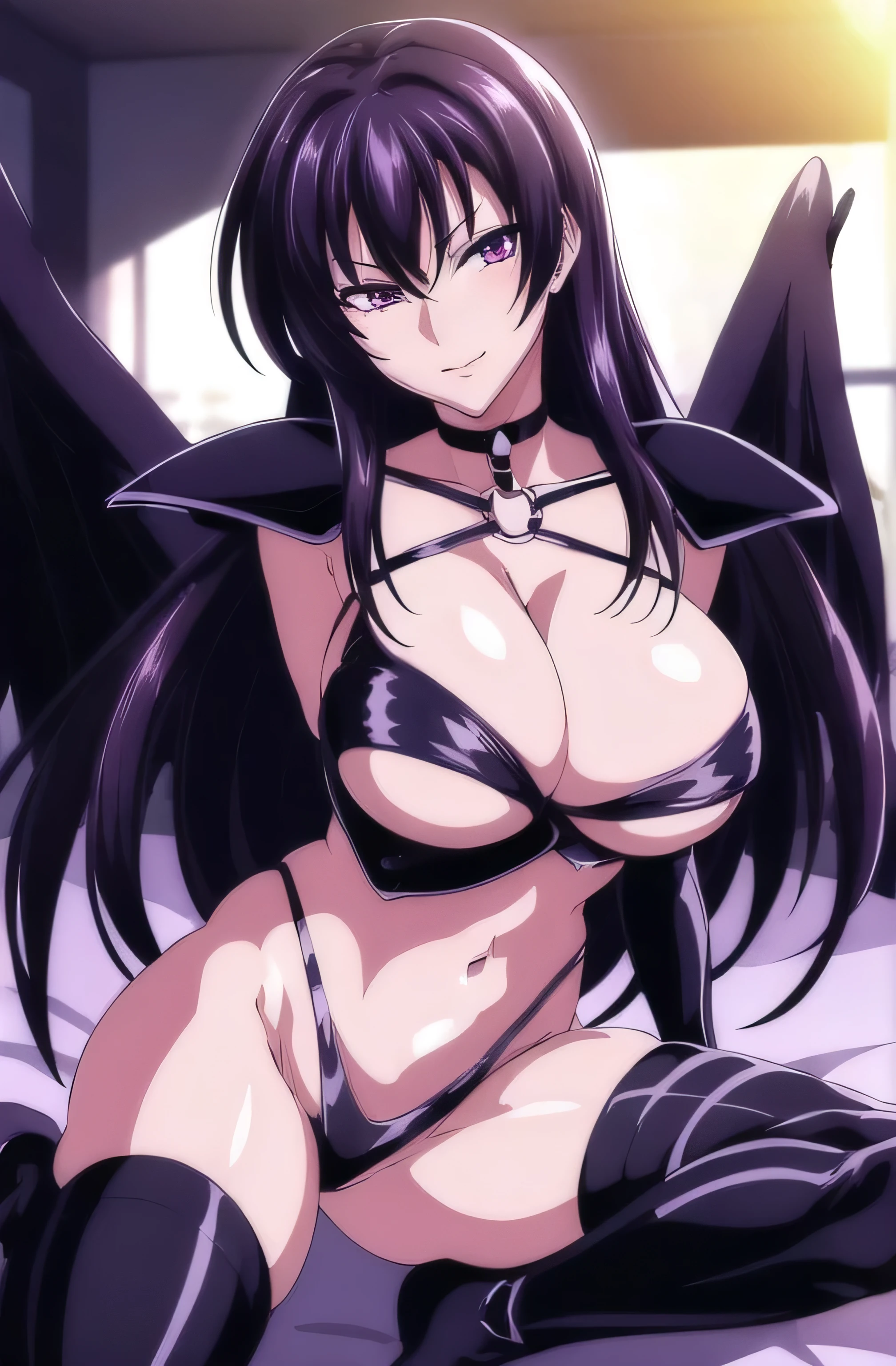 (night:1.7), , , collarbone,choker,black outfit,belly button, Torn_Clothes, Torn_leg wear,Lock,collar, shoulder armor, High leg,boots,Thighhighs, purple_eye,,black_hair,very_length_hair,elbow_gloves, 1 girl, 20 years,mature woman,beautiful Finger,beautiful length legs,beautiful body,beautiful Nose,beautiful character design, perfect eye, perfect face, looking at the viewer, (innocent_big_eye:1.0),laugh at,evil_smile,evil_laugh, view,, collarbone,choker,black outfit,belly button, Torn_Clothes, Torn_leg wear,Lock,collar, shoulder armor, High leg,boots,Thighhighs, purple_eye,,black_hair,very_length_hair,elbow_gloves, 1 girl, 20 years,mature woman,beautiful Finger,beautiful length legs,beautiful body,beautiful Nose,beautiful character design, perfect eye, perfect face, looking at the viewer, (innocent_big_eye:1.0),, NSFW,official art,Highly detailed CG Unity 8K wallpaper, perfect lighting,colorful, bright_front_face_lit, (masterpiece:1.0),(Highest_quality:1.0), 超High resolution,4k,Super detailed, photo shoot, 8K, HDR, High resolution, disorganized:1.2, kodak portrait 400, film grain, blurred background, Bokeh:1.2, Lens flare, (lively_color:1.2) (beautiful,big_chest:1.4), (beautiful_face:1.5),(narrow_waist)NSFW,official art,Highly detailed CG Unity 8K wallpaper, perfect lighting,colorful, bright_front_face_lit, (masterpiece:1.0),(Highest_quality:1.0), 超High resolution,4k,Super detailed, photo shoot, 8K, HDR, High resolution, disorganized:1.2, kodak portrait 400, film grain, blurred background, Bokeh:1.2, Lens flare, (lively_color:1.2) (beautiful,big_chest:1.4), (beautiful_face:1.5),(narrow_waist),solo,naughty face,crossed legs